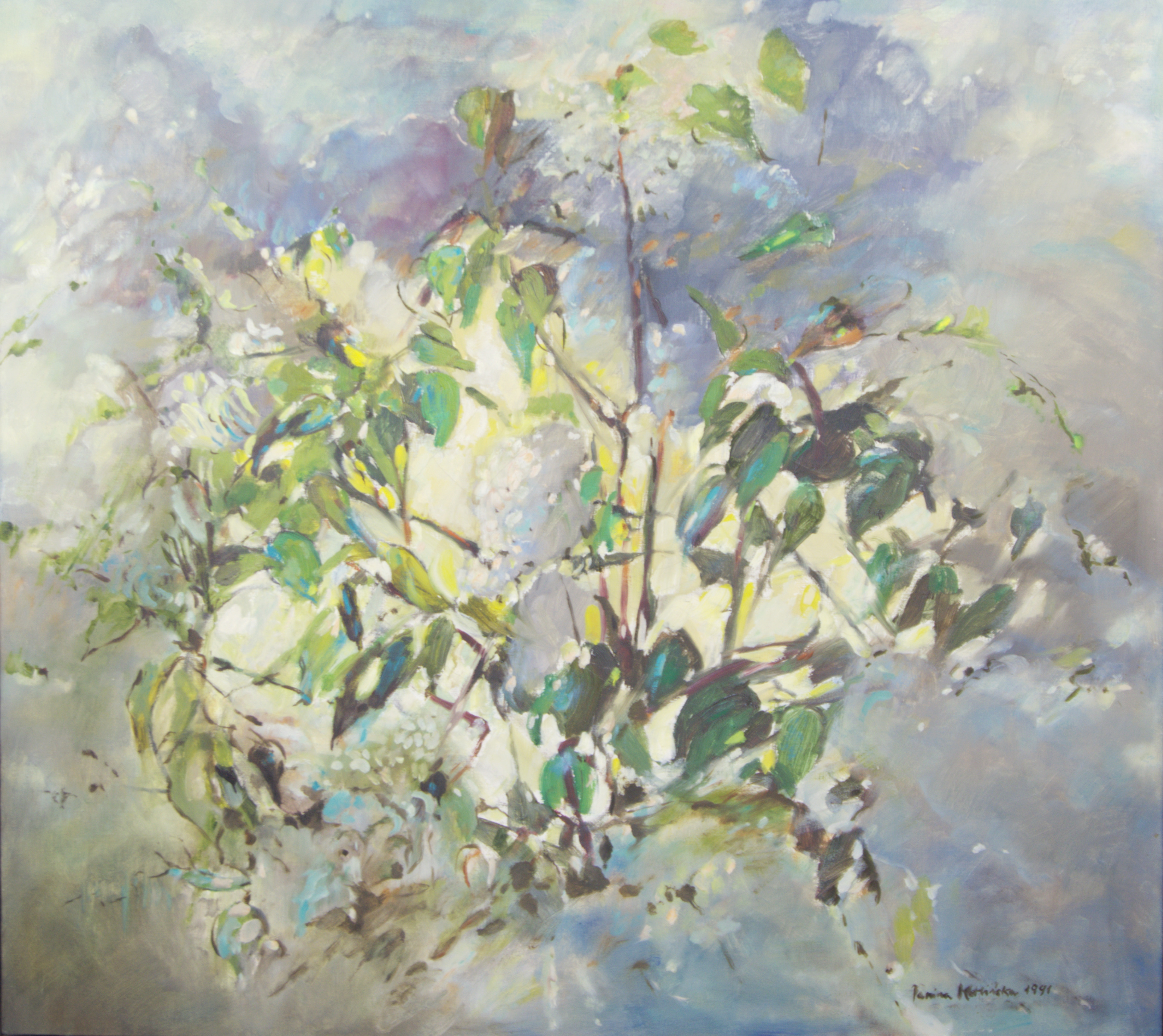 OIDENTIFIERAD KONSTNÄR. Olja på duk, bladbukett, otydlig signatur, 1991.