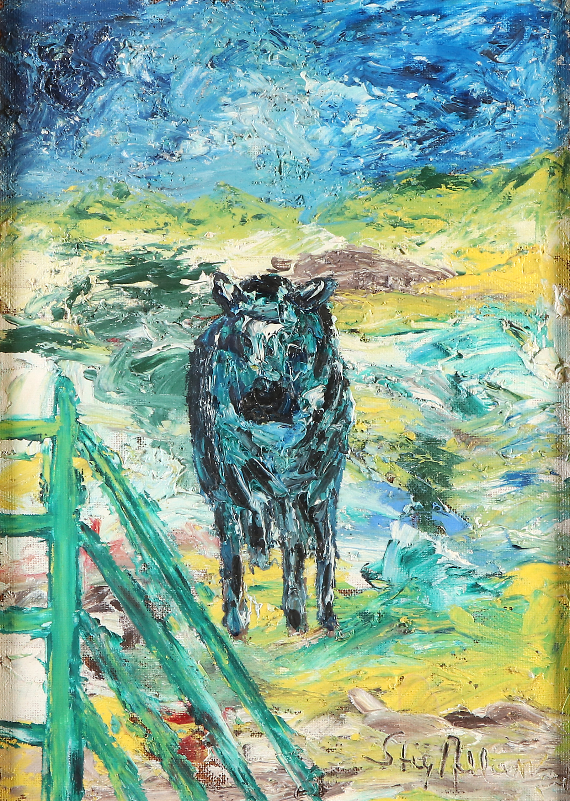 STIG ALLAN. Oljemålning på pannå. "Ko vid grind". Signerad.
