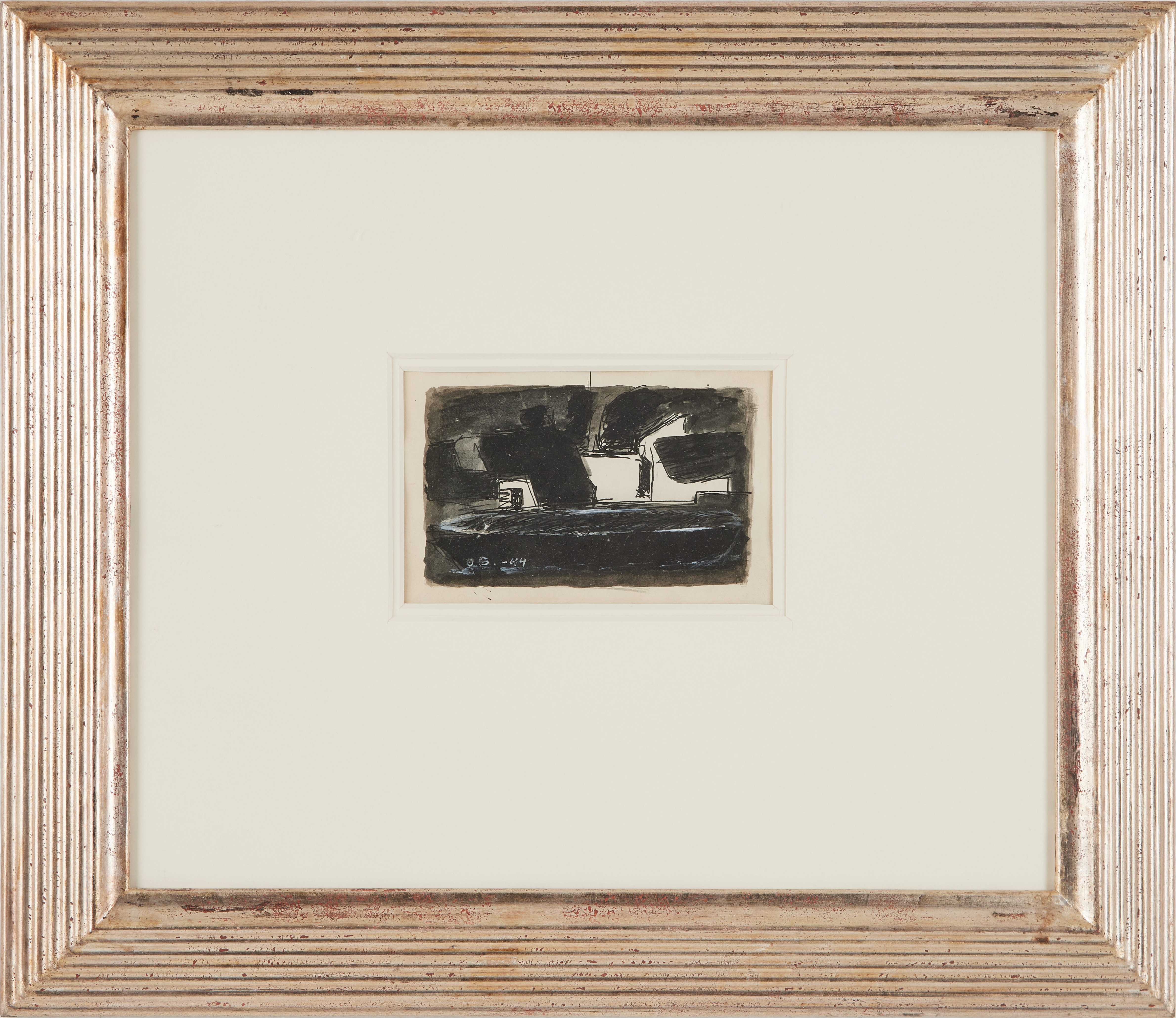 OLLE BONNIÉR. "Komposition med båt på Gotland", blandteknik på papper, monogramsignerad och daterad -44.