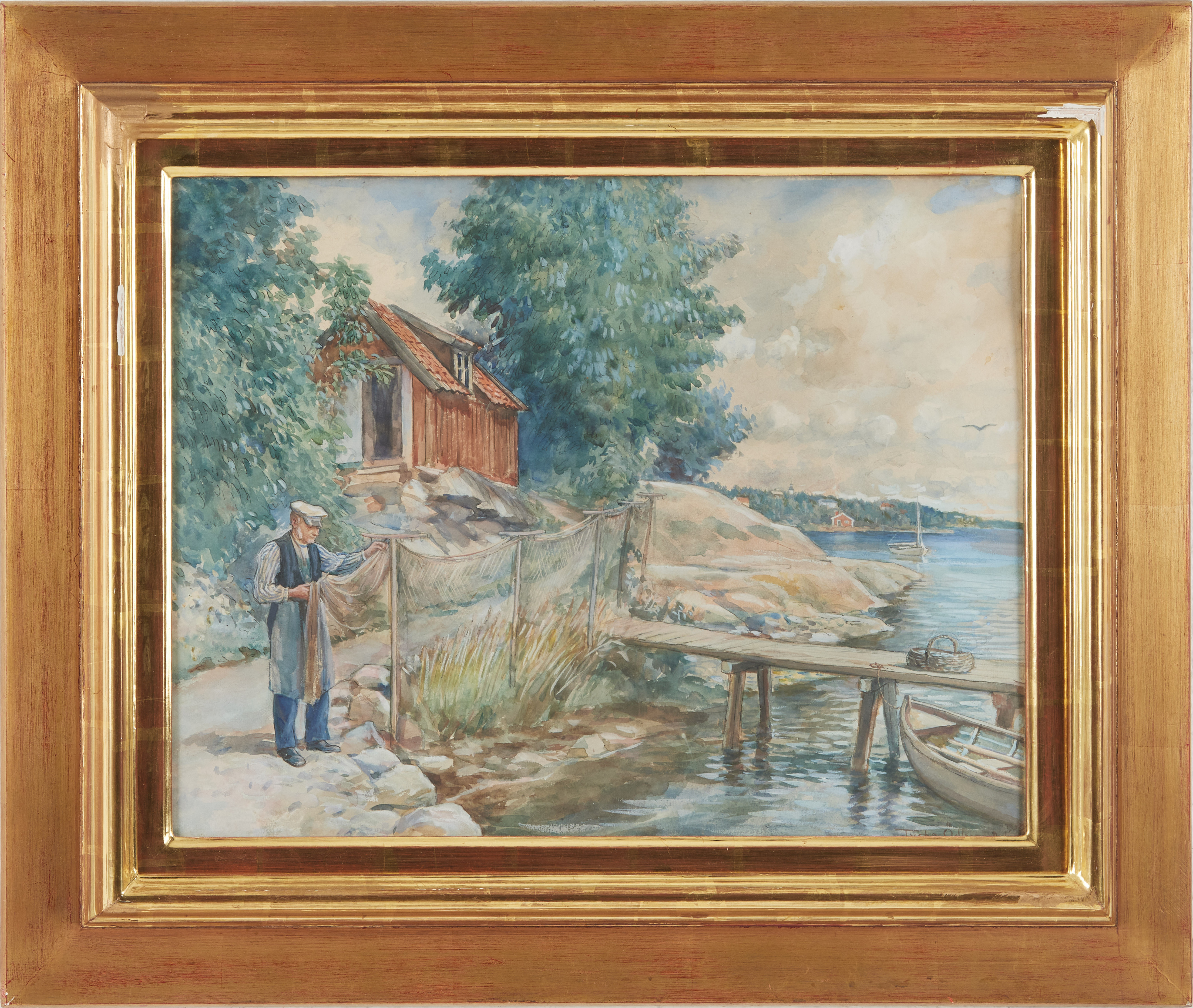 BROR TYCHO ÖDBERG (1865-1943). Fiskare med nät, akvarell och blandteknik på papper, signerad och daterad 1926.