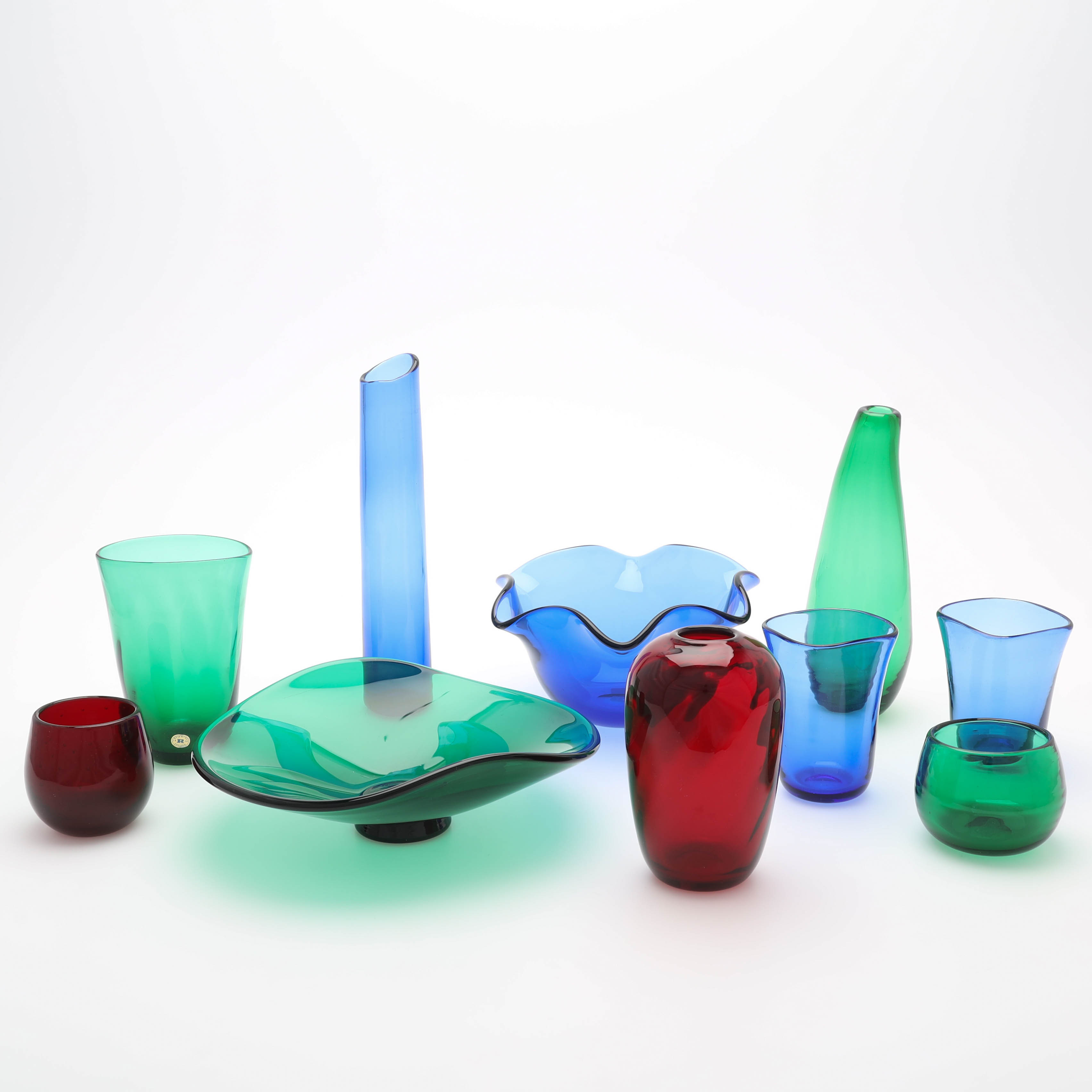 SAMLING VASER & SKÅLAR, 10 delar, delvis Monica Bratt, Reimyre glasbruk.