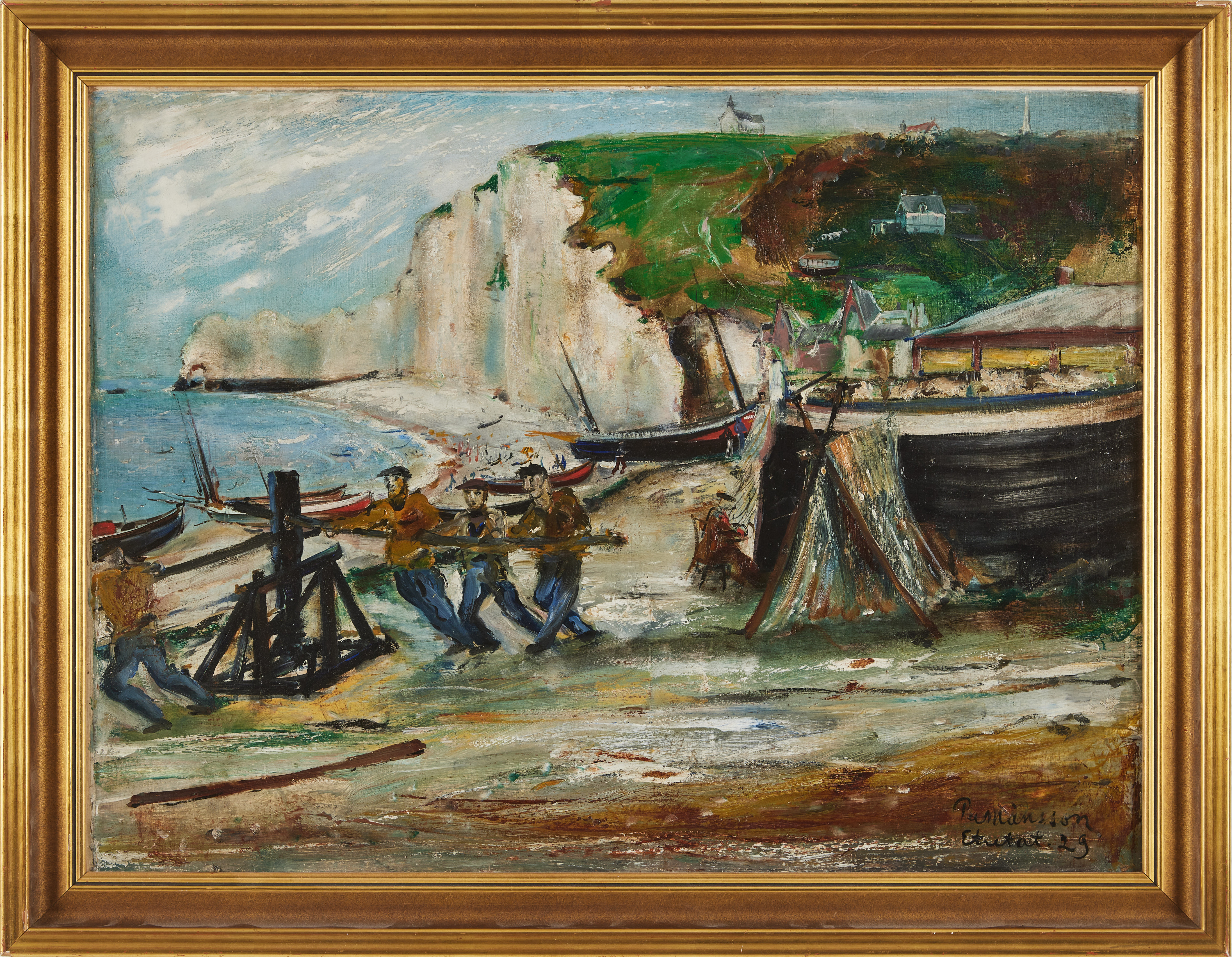 PER MÅNSSON. Båtar och människor på strand, olja på duk, signerad.