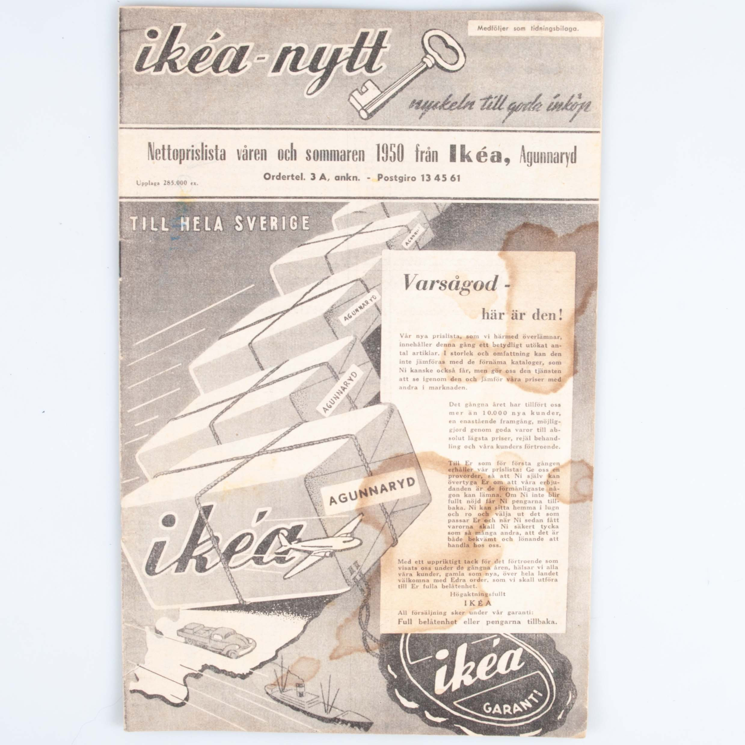IKEA-NYTT. Nettoprislista våren och sommaren 1950. Den första Ikea-katalogen.