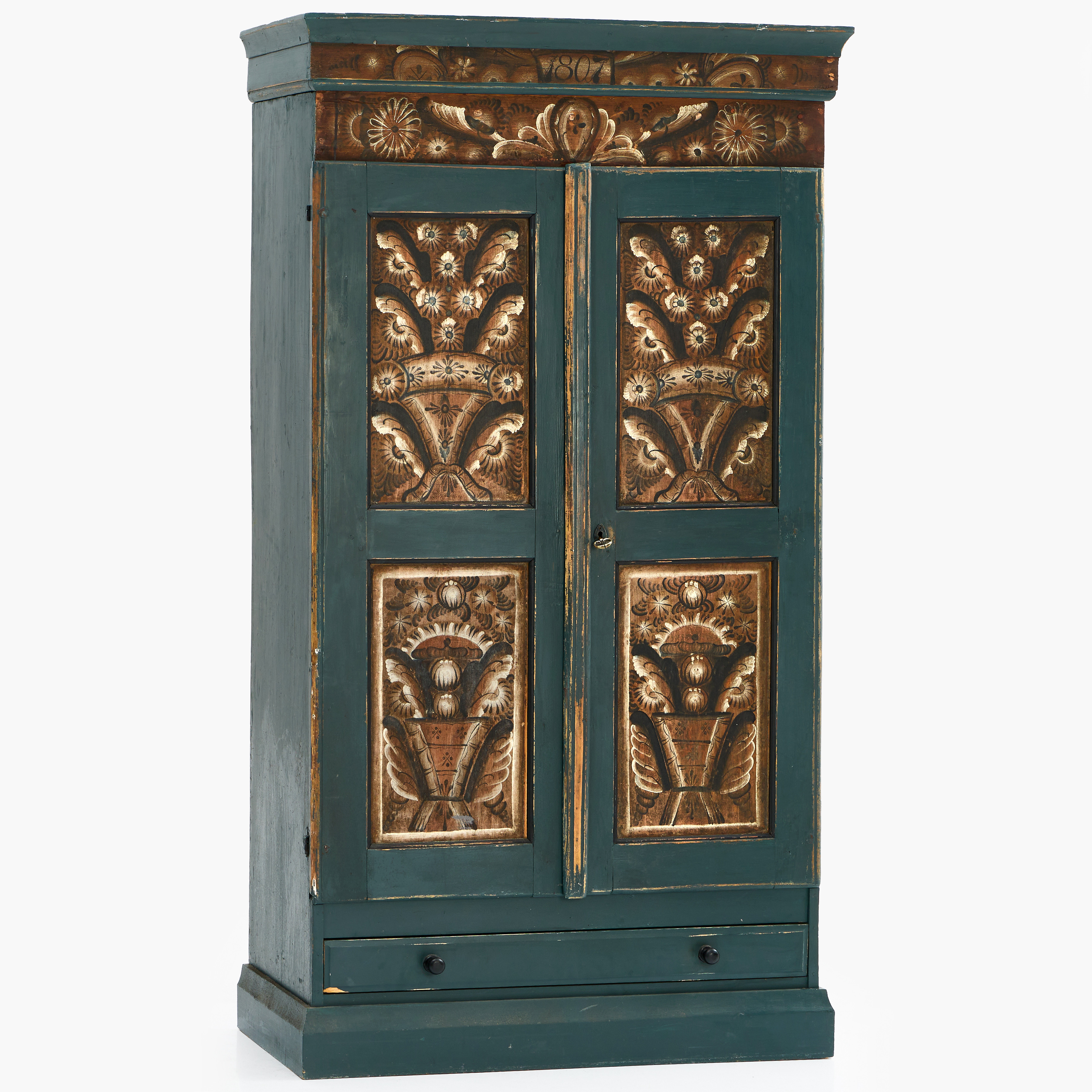 SKÅP, daterad 1807, allmoge, målad dekor av kurbits, invändig hyllinredning, fotsockel med låda.