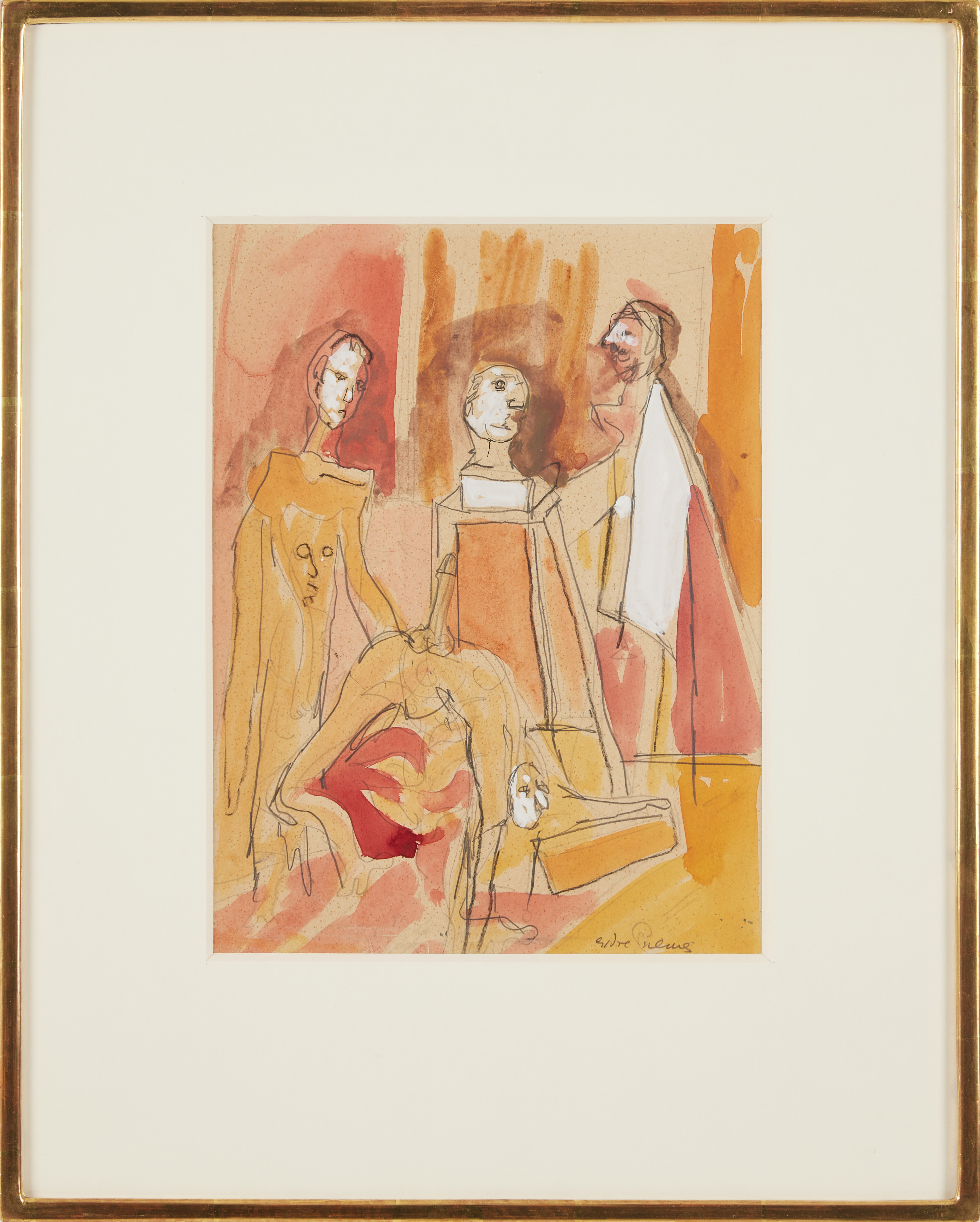 ENDRE NEMES. En oväntad erotisk happening, blandteknik på papper, signerad och daterad 1934.