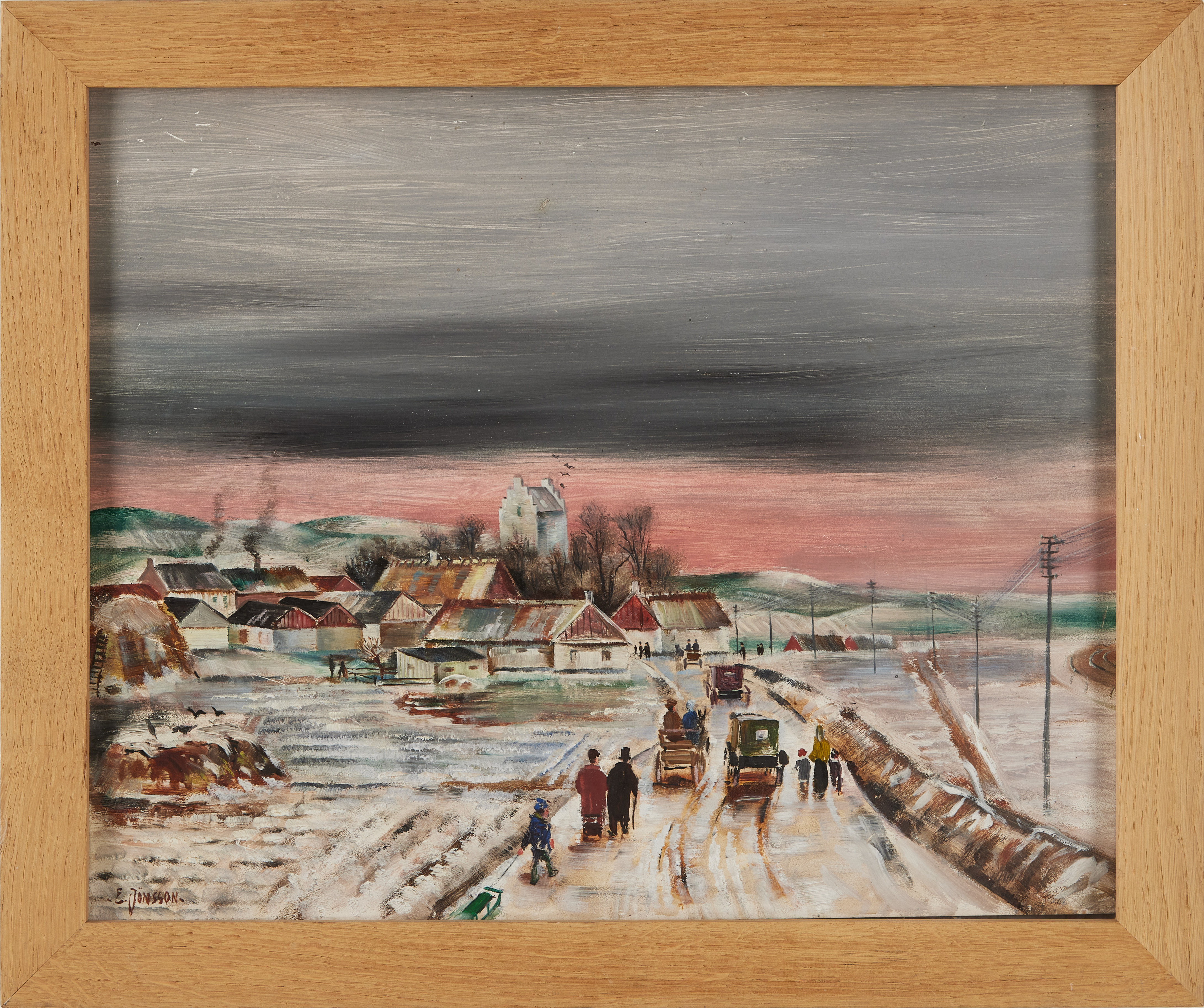 ERIK JÖNSSON. Söndag - skånskt landskap, olja på pannå, signerad.