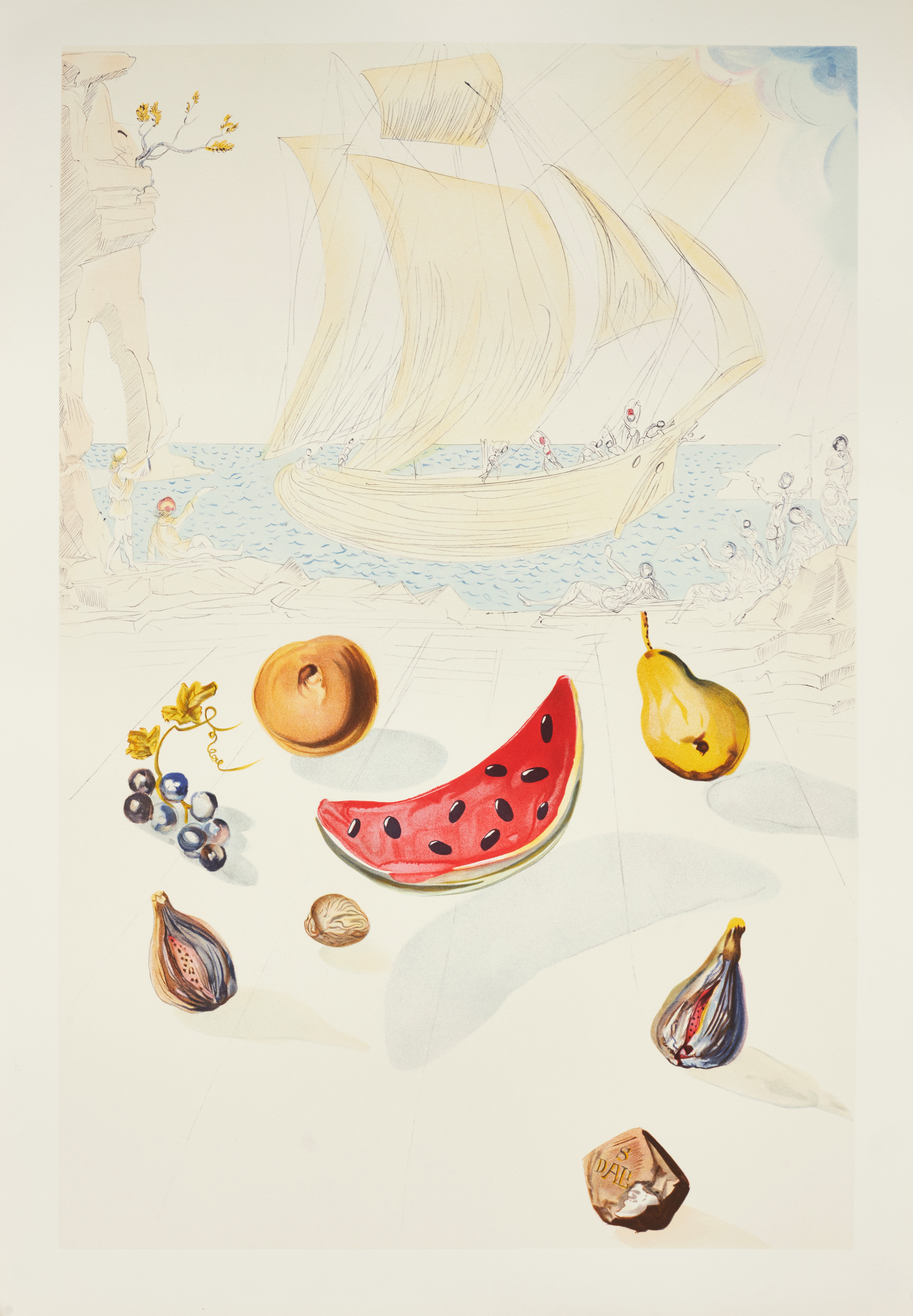 SALVADOR DALI, "Ship and Fruits", Spadem, 1986, numrerad 1043/2500, reproduktion litografi.