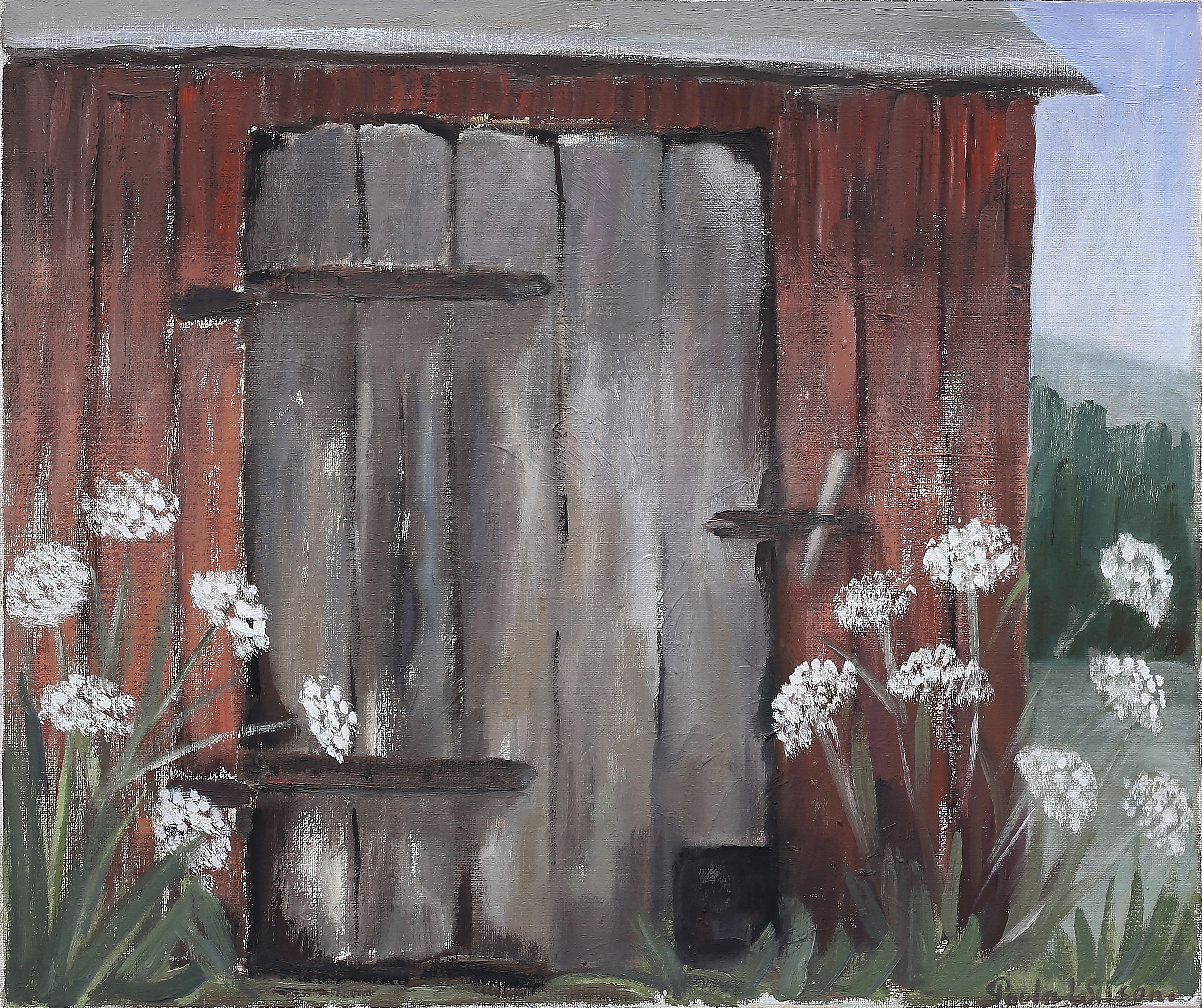 PAULA WILSON. Ladugårdsdörr. Olja på duk, signerad.