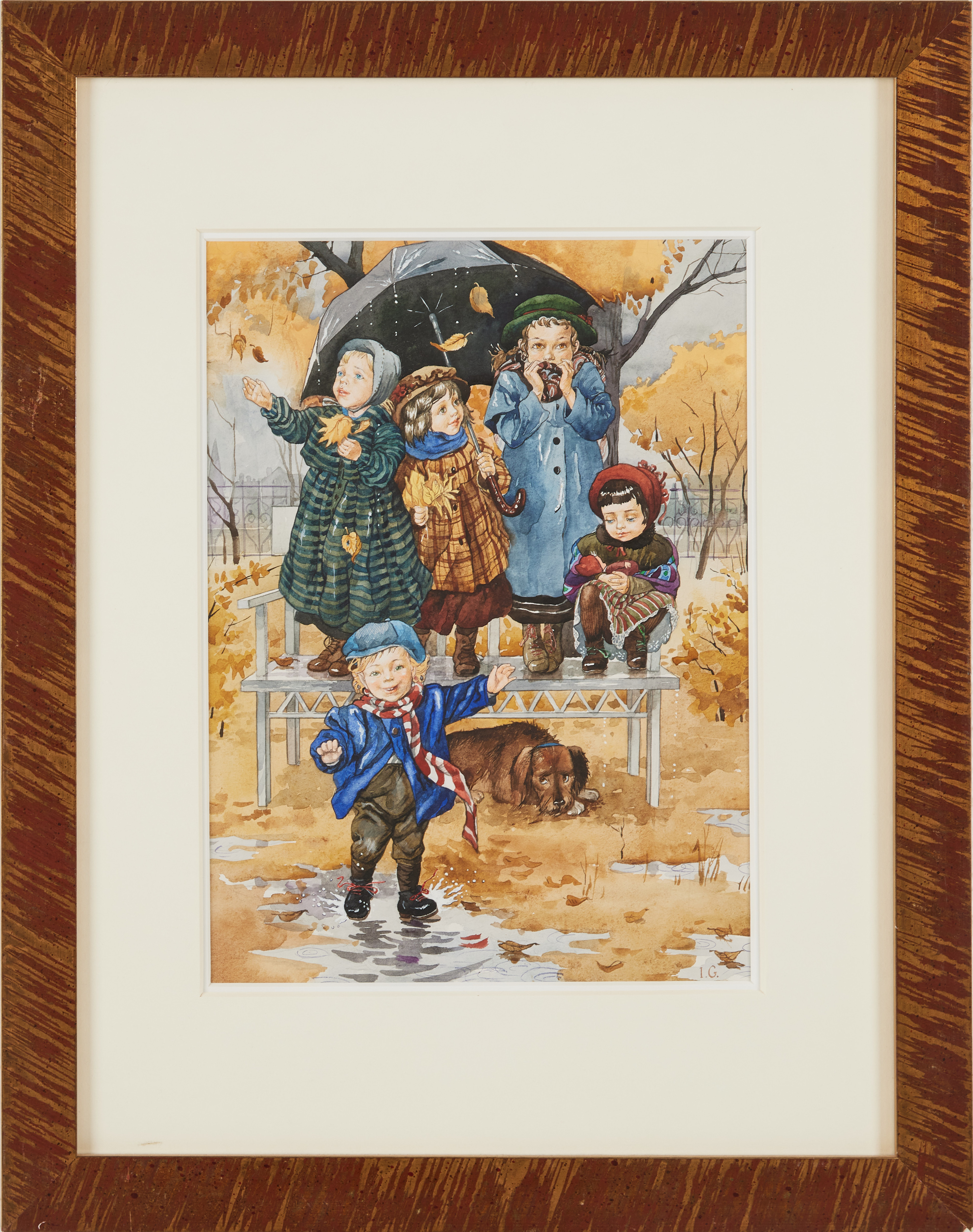 OIDENTIFIERAD KONSTNÄR. barn i regnväder, akvarell på papper, monogramsignerad I.G.