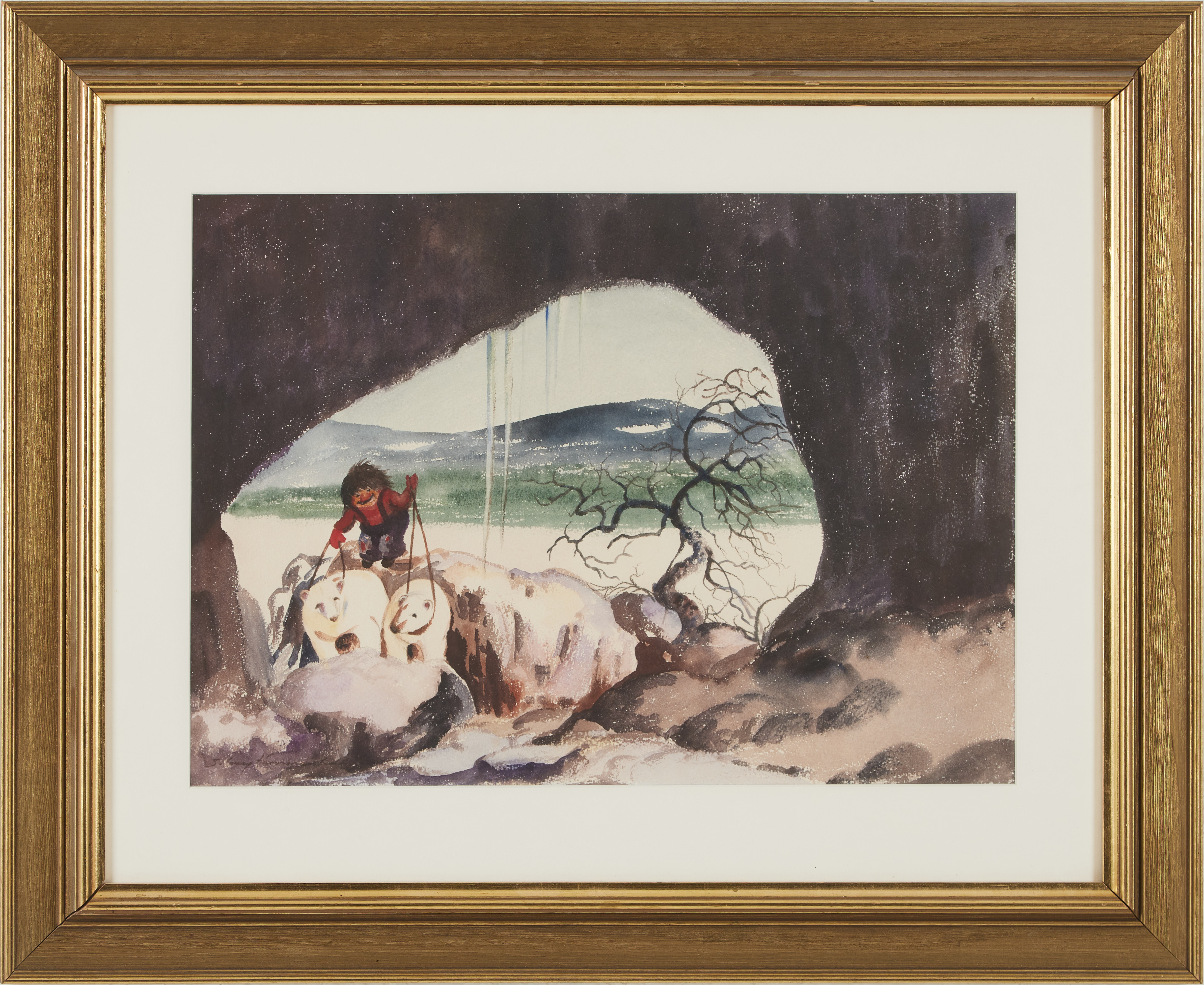 OIDENTIFIERAD KONSTNÄR. figur med isbjörnar, akvarell på papper, otydligt signerad.