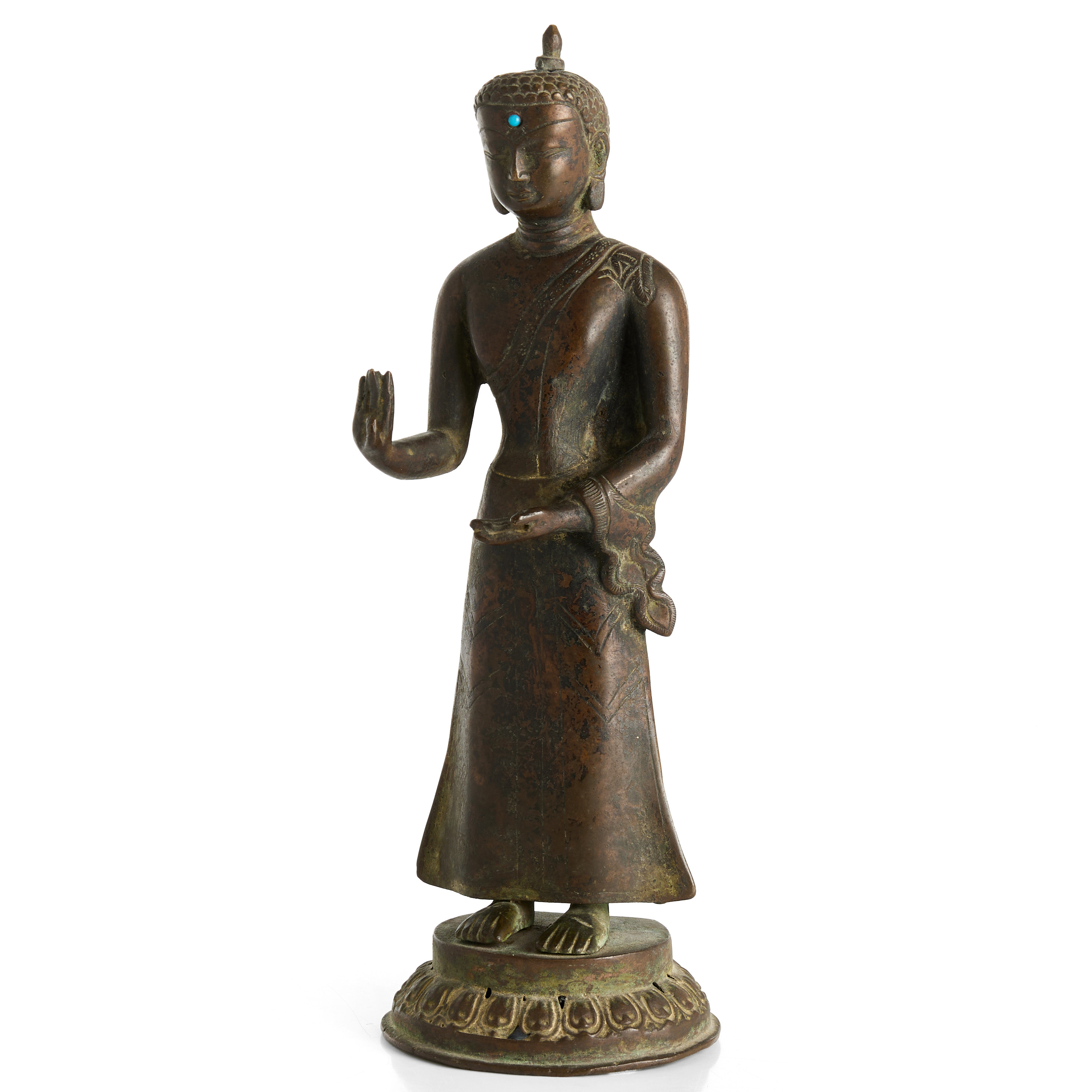 BUDDHA, stående med höger hand i abhaya mudra, brons/kopparlegering, 1900-talets början.