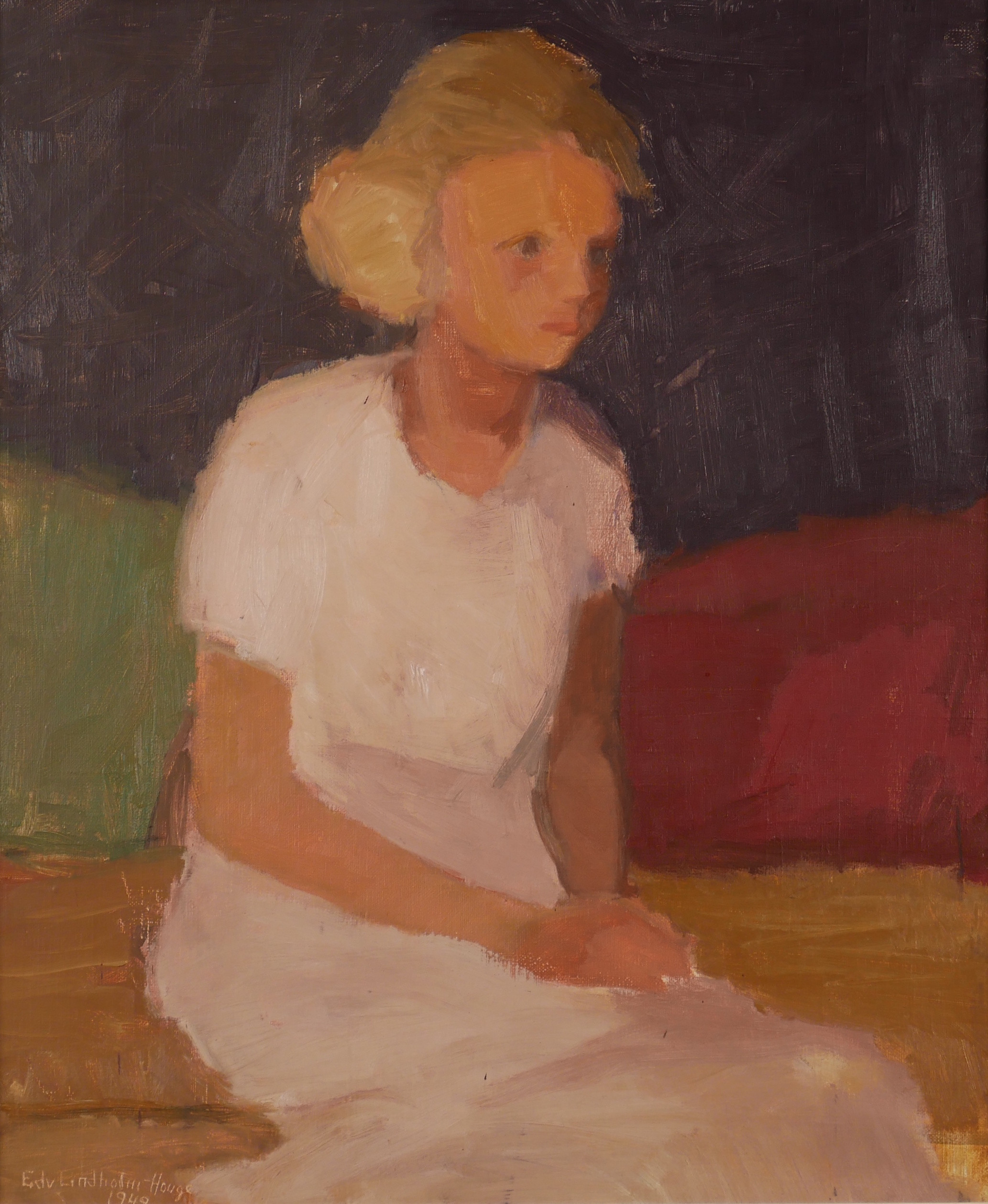 EDVIN LINDHOLM-HOUGE. Flickporträtt, olja på duk, signerad Edv. Lindholm-Houge 1949.