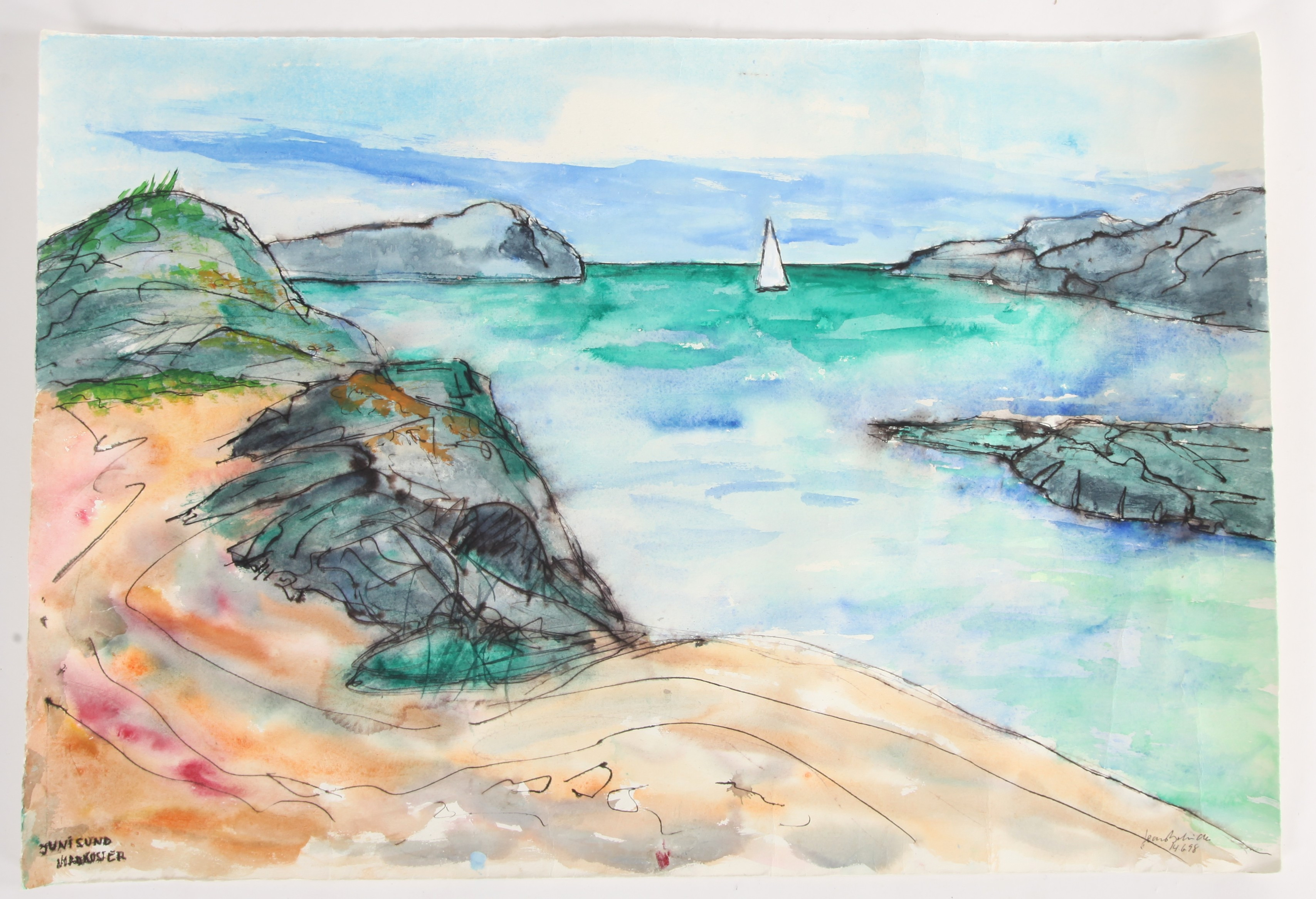 JEAN BOLINDER. 1935-2020. Akvarell "Junisund Nordkoster", signerad 1998.