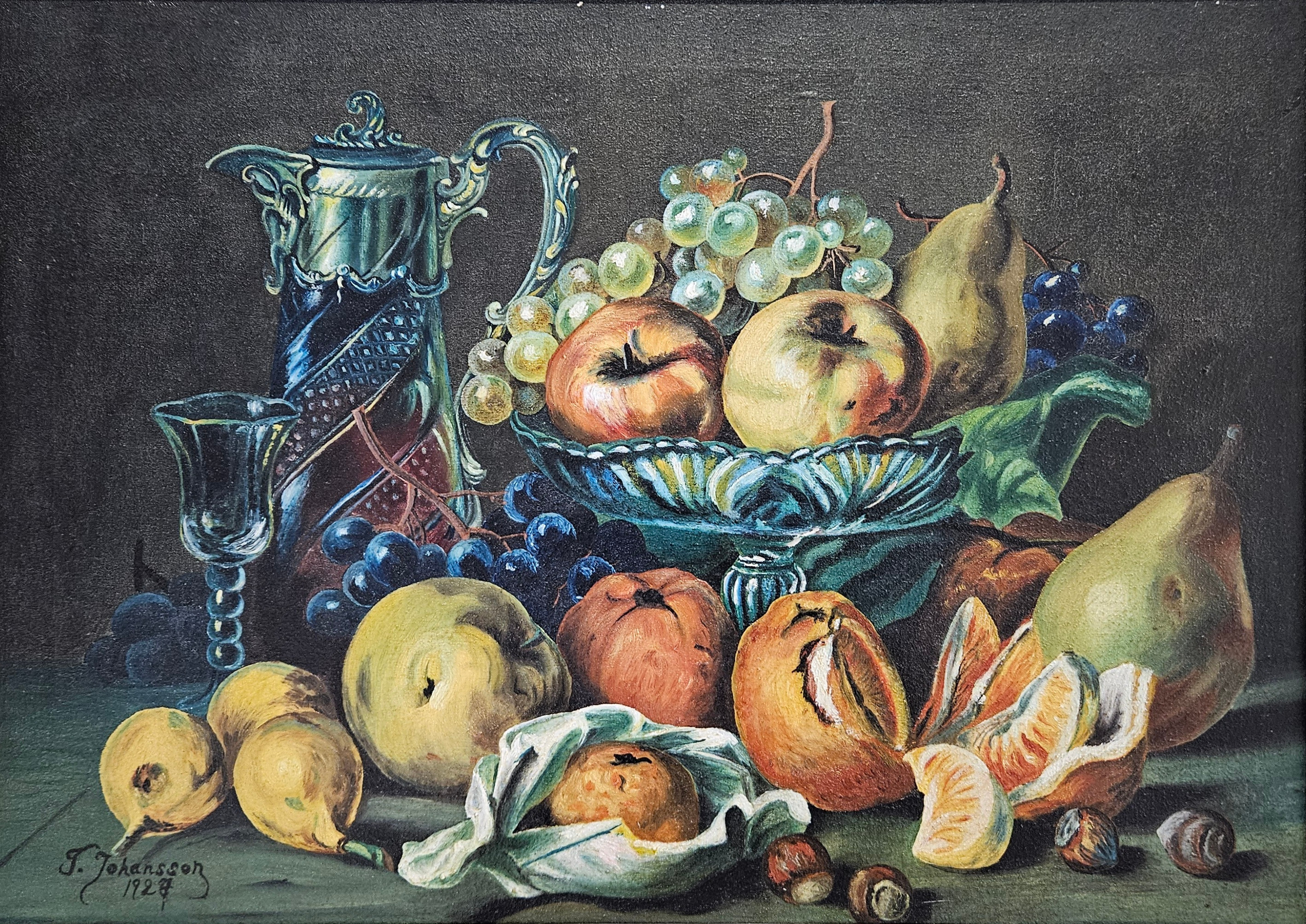 OIDENTIFIERAD KONSTNÄR. Stilleben med frukter. Olja på duk, signerad Johansson och daterad 1927.