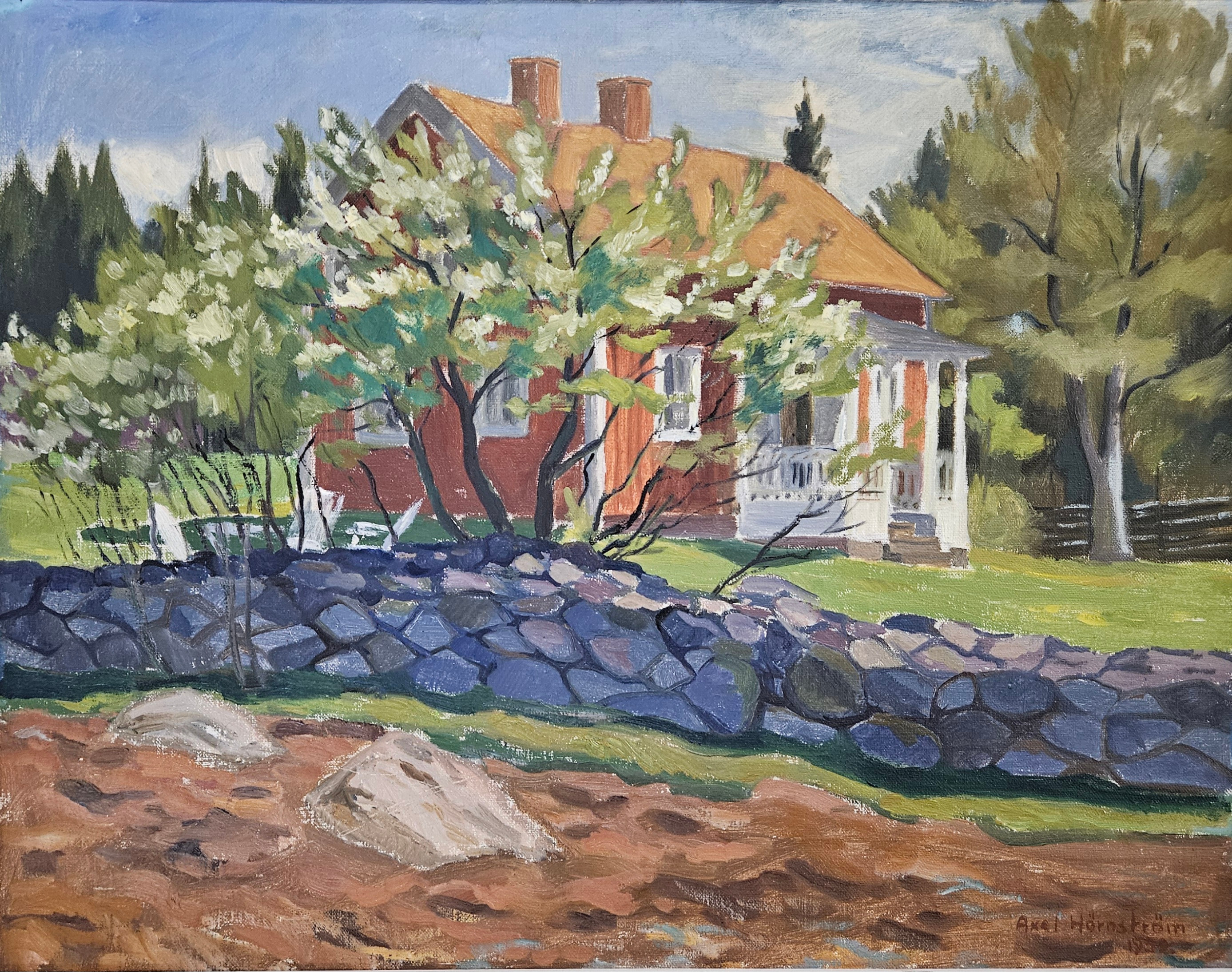 AXEL HÖRNSTRÖM. Hus med stenmur. Olja på duk, signerad Axel Hörnström och daterad 1952.
