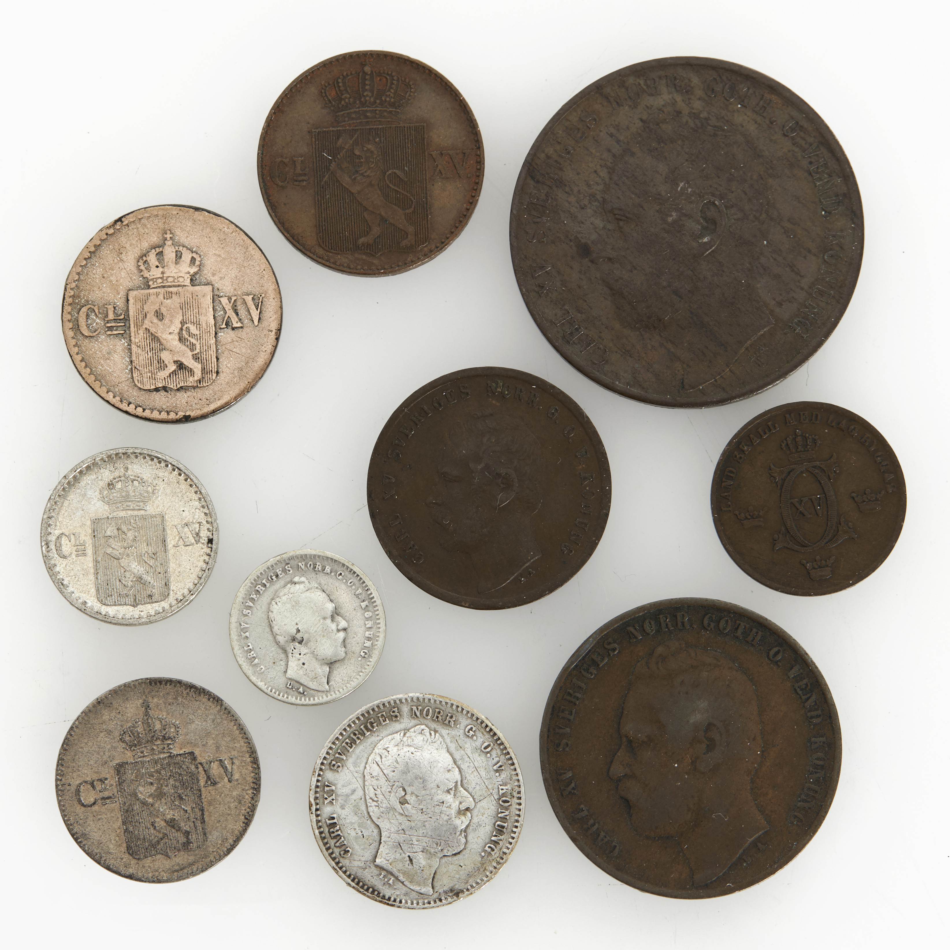 KARL XV (1859-1872), 10 silver- och kopparmynt, Sverige och Norge.