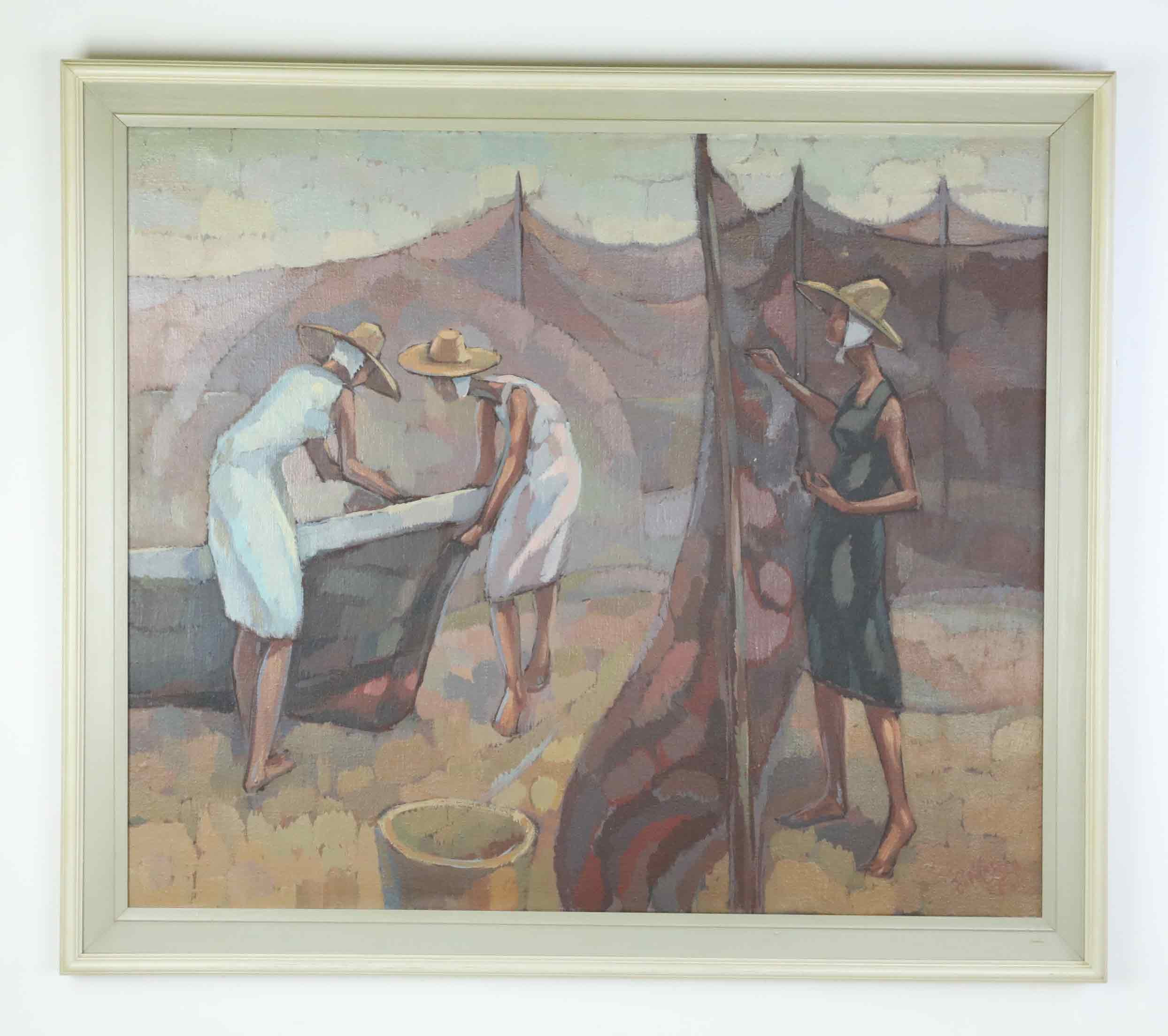 PALLE ÅBERG. Olja på duk, Kvinnor som hänger fiskenät, Teneriffa, signerad, daterad.