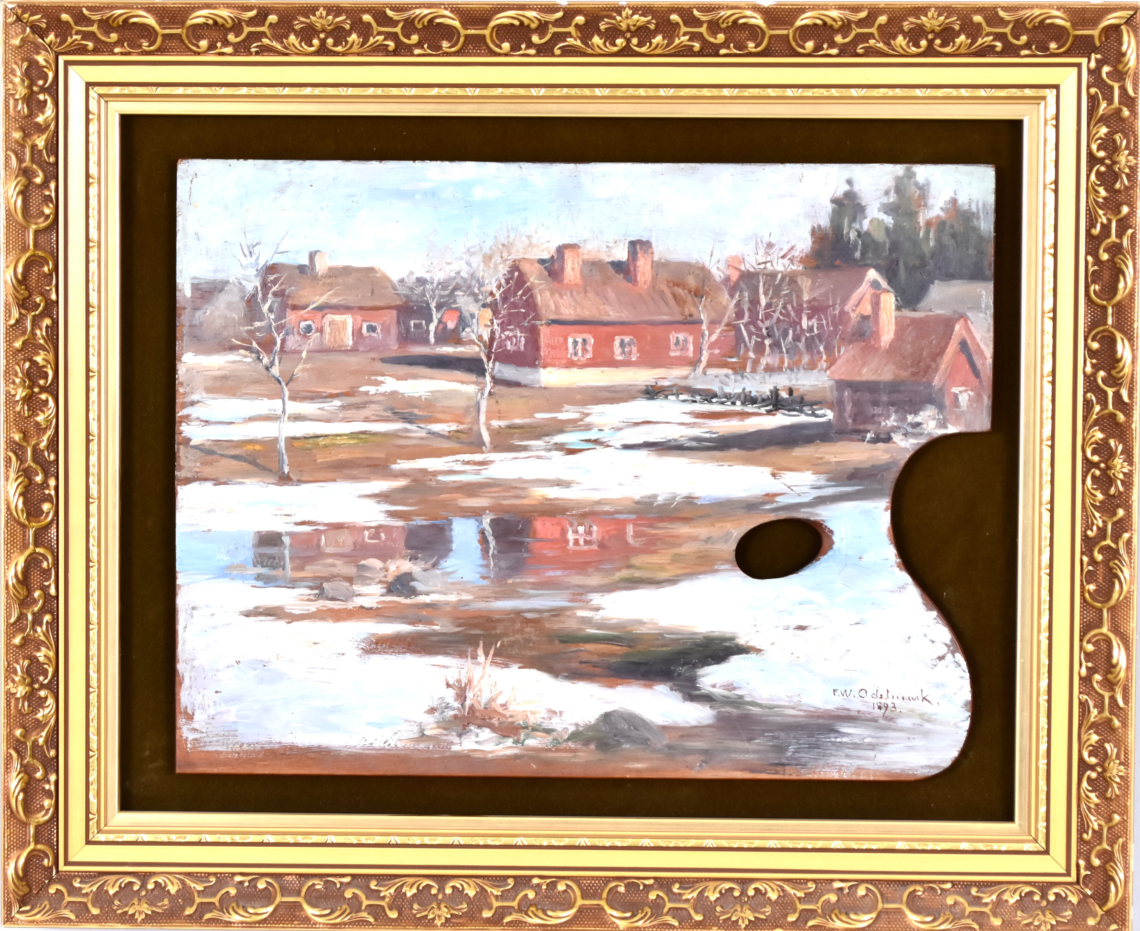 FRANS WILHELM ODELMARK. oljemålning på målarpalett, gårdsbebyggelse.
