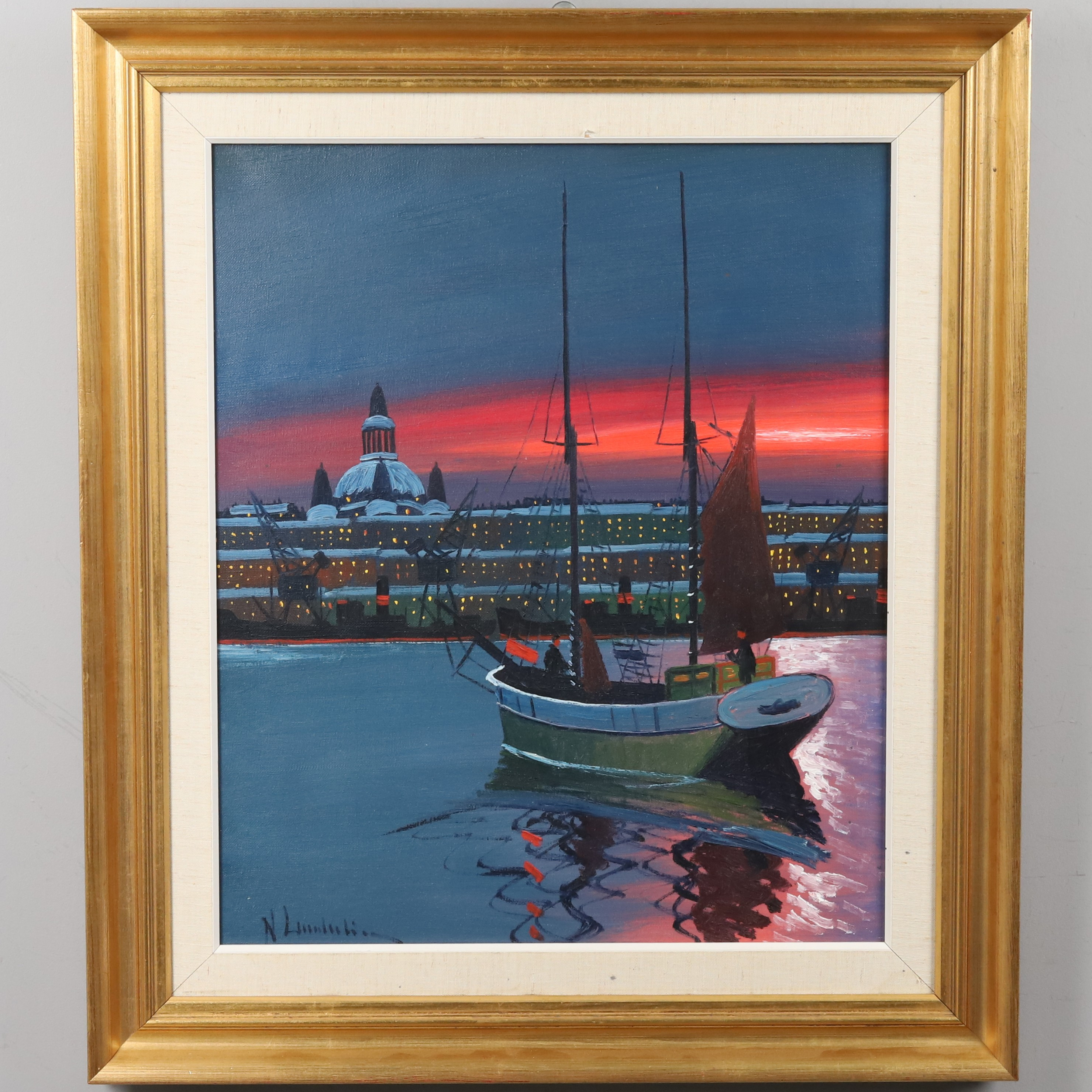 NILS LANDZELIUS. OLJA PÅ DUK, Hamnmotiv, signerad.