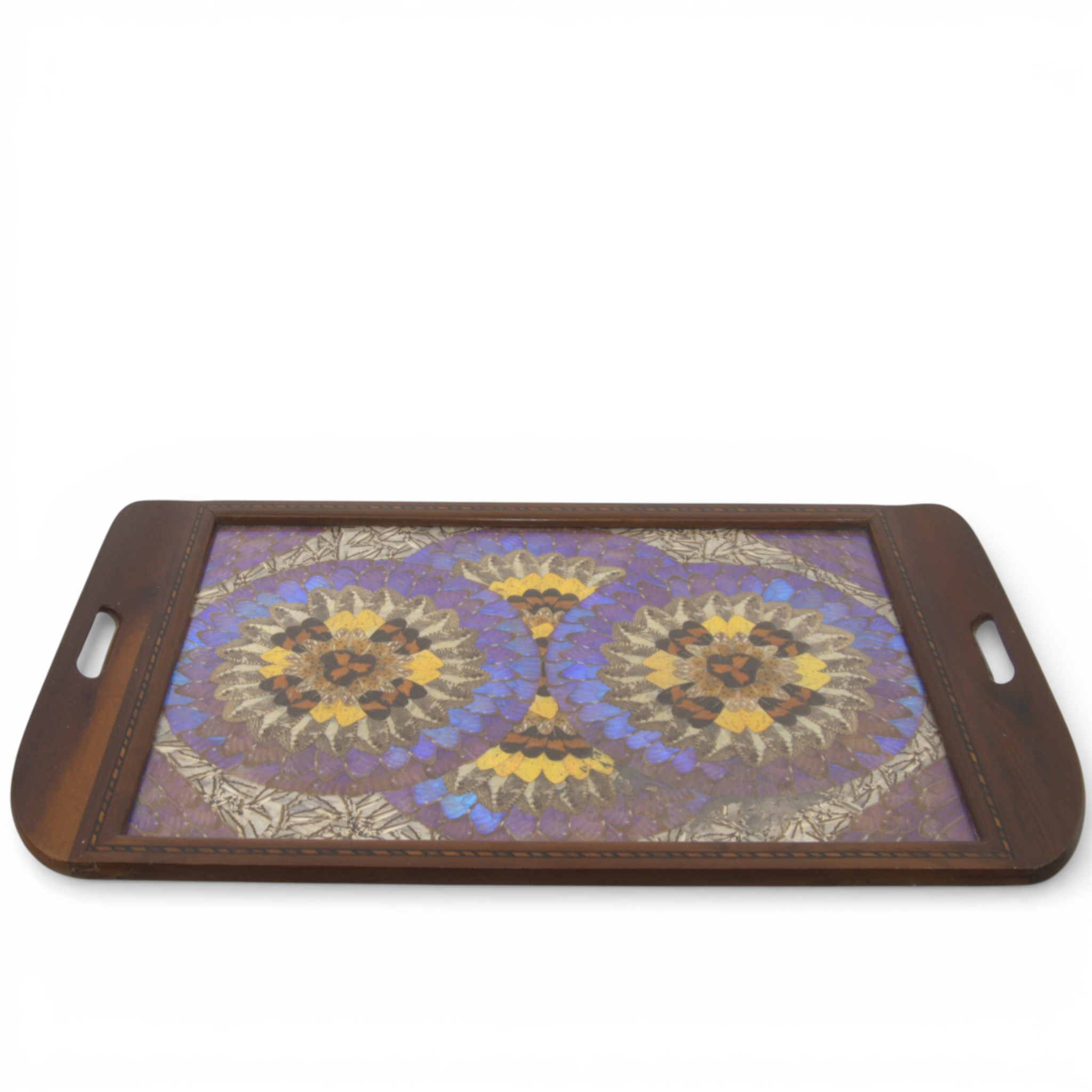 BRICKA, detaljer av fjärilsvingar, trä med intarsia, 1900-tal.