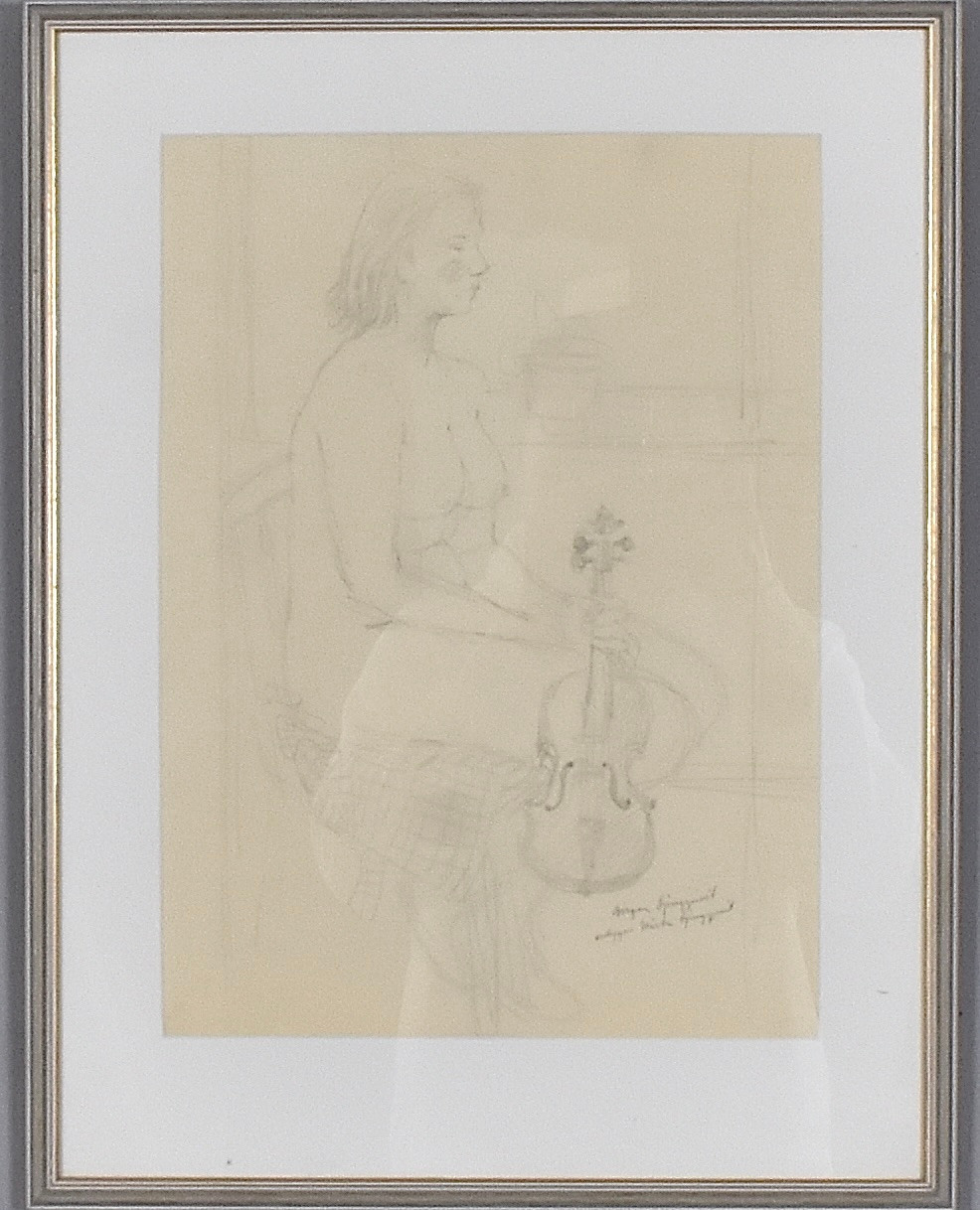 BIRGER  LJUNGQUIST. blyertsteckning, sittande akt med fiol.