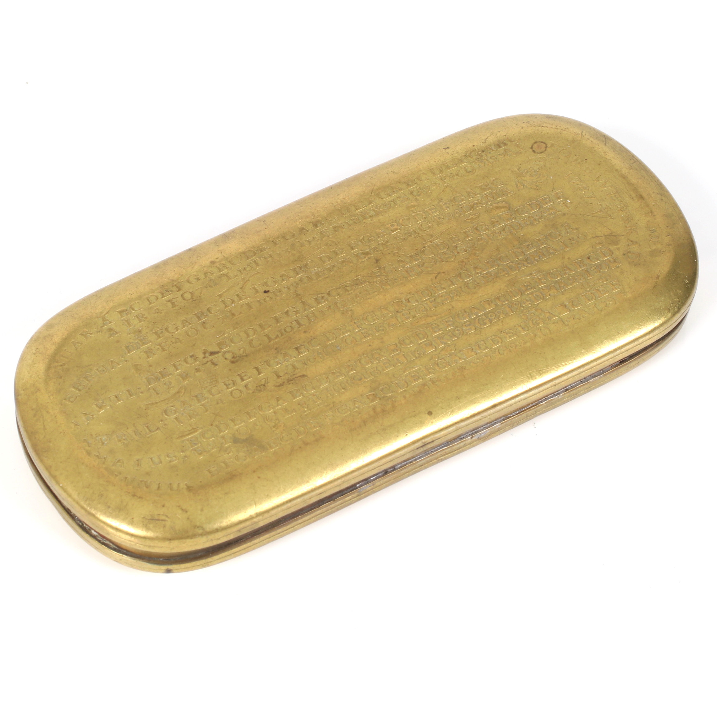 SNUSDOSA, mässing, "Kalenderdosa". C. Norman. Daterad 1787.