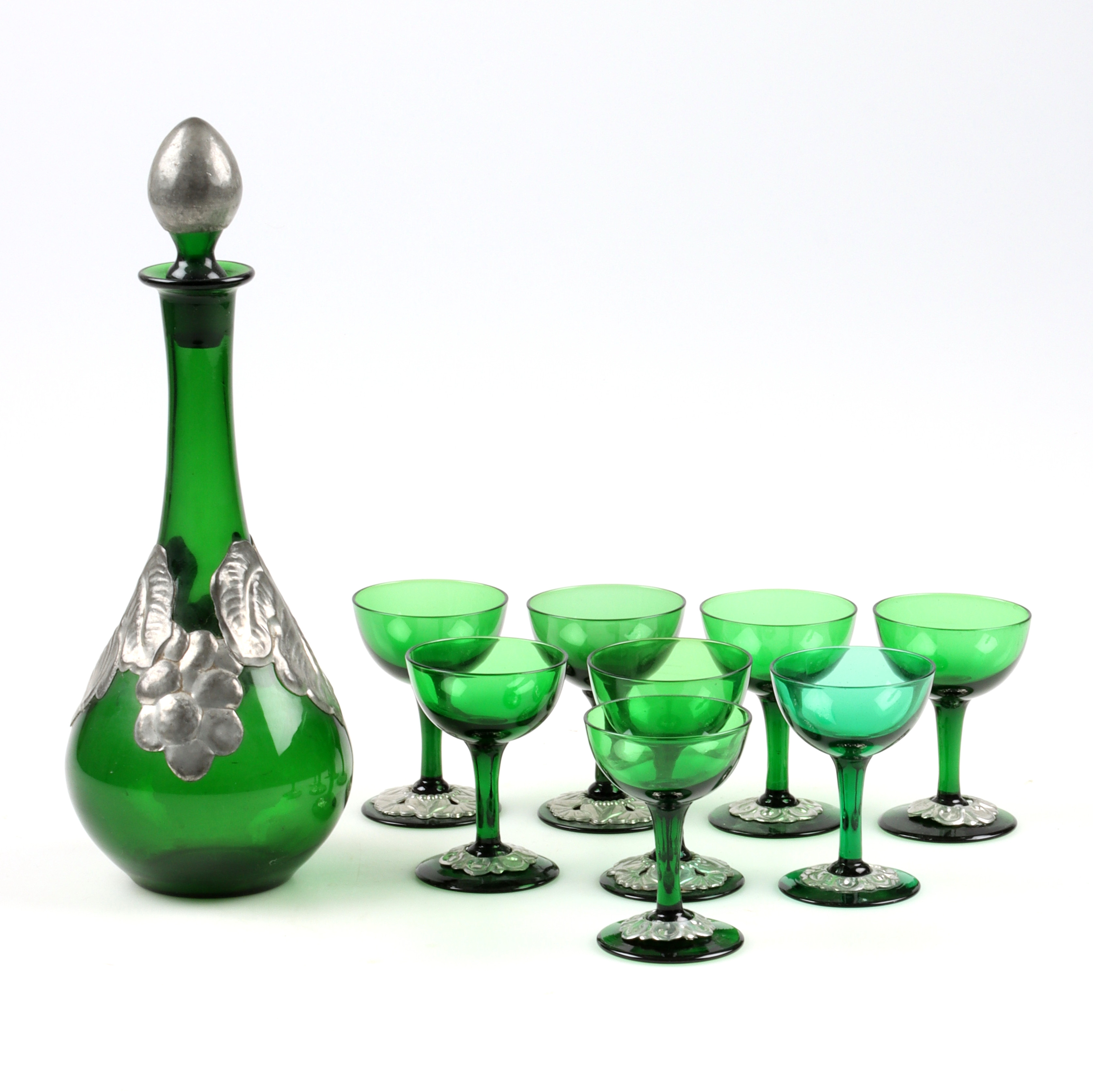 KARAFF och LIKÖRGLAS, 9 delar glas, jugend, 1900-tal.