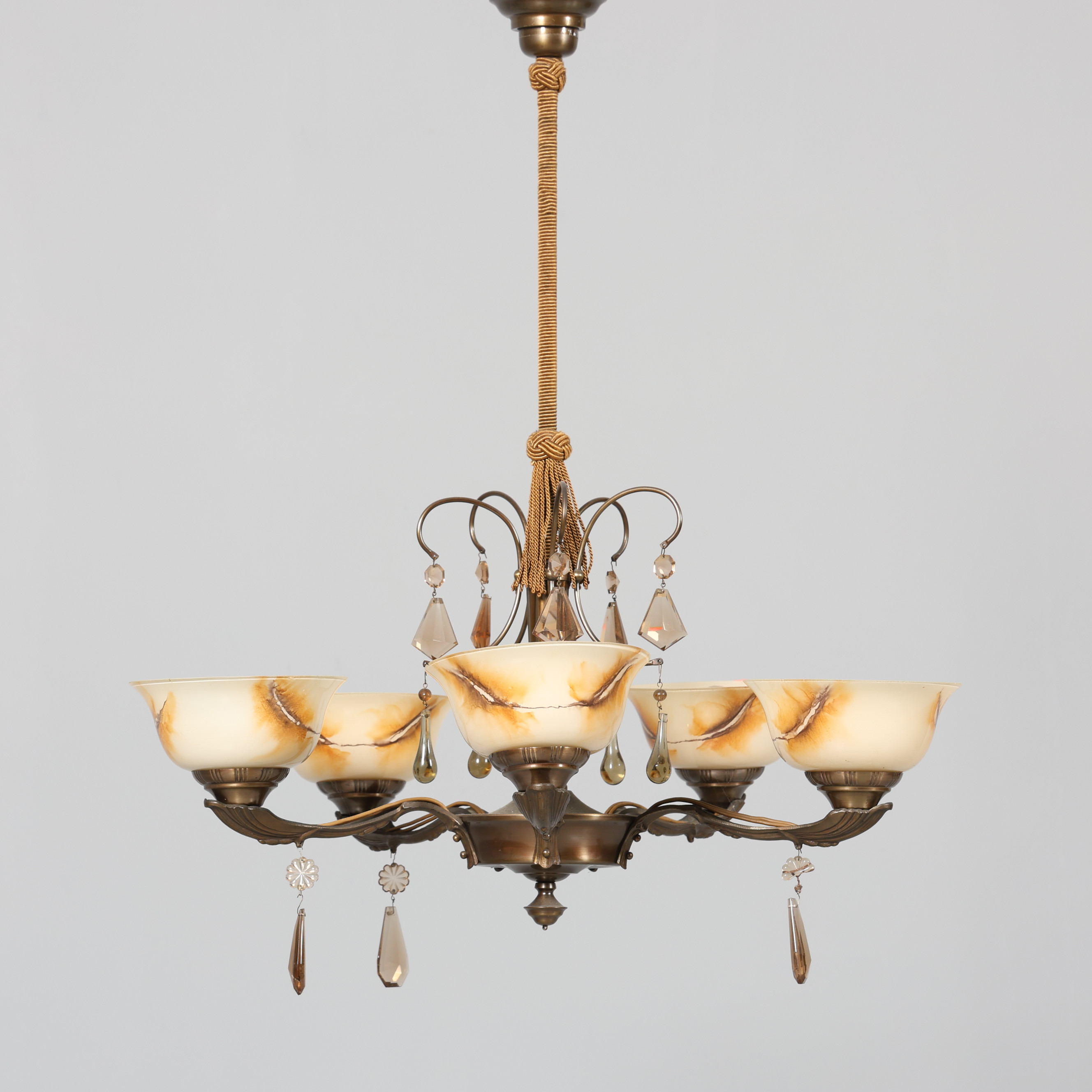 TAKLAMPA, 5-armad, swedish grace, glas samt metall.