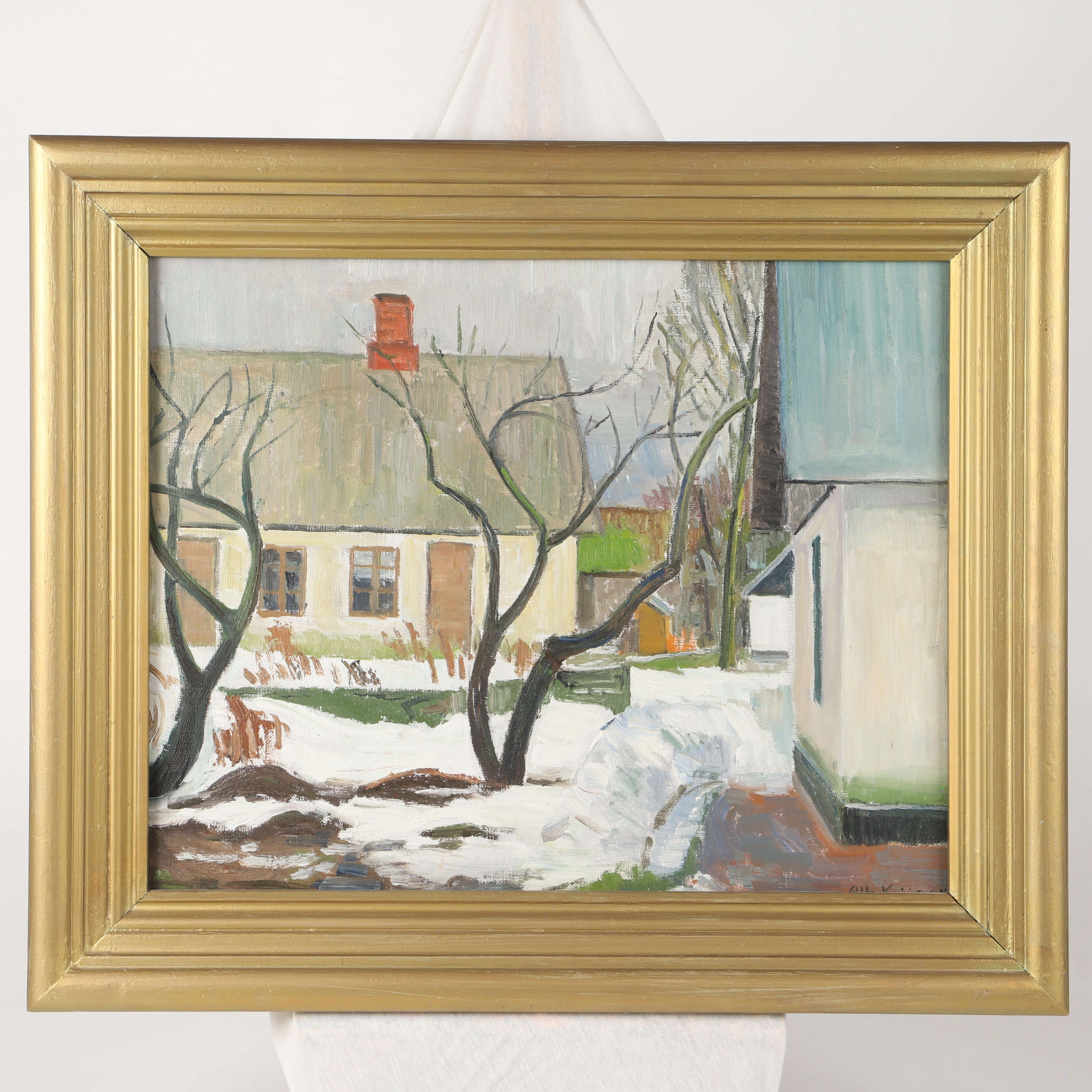 ALBERT KRÜGER. Snötäckt gård, olja på pannå, signerad Alb. Krüger.