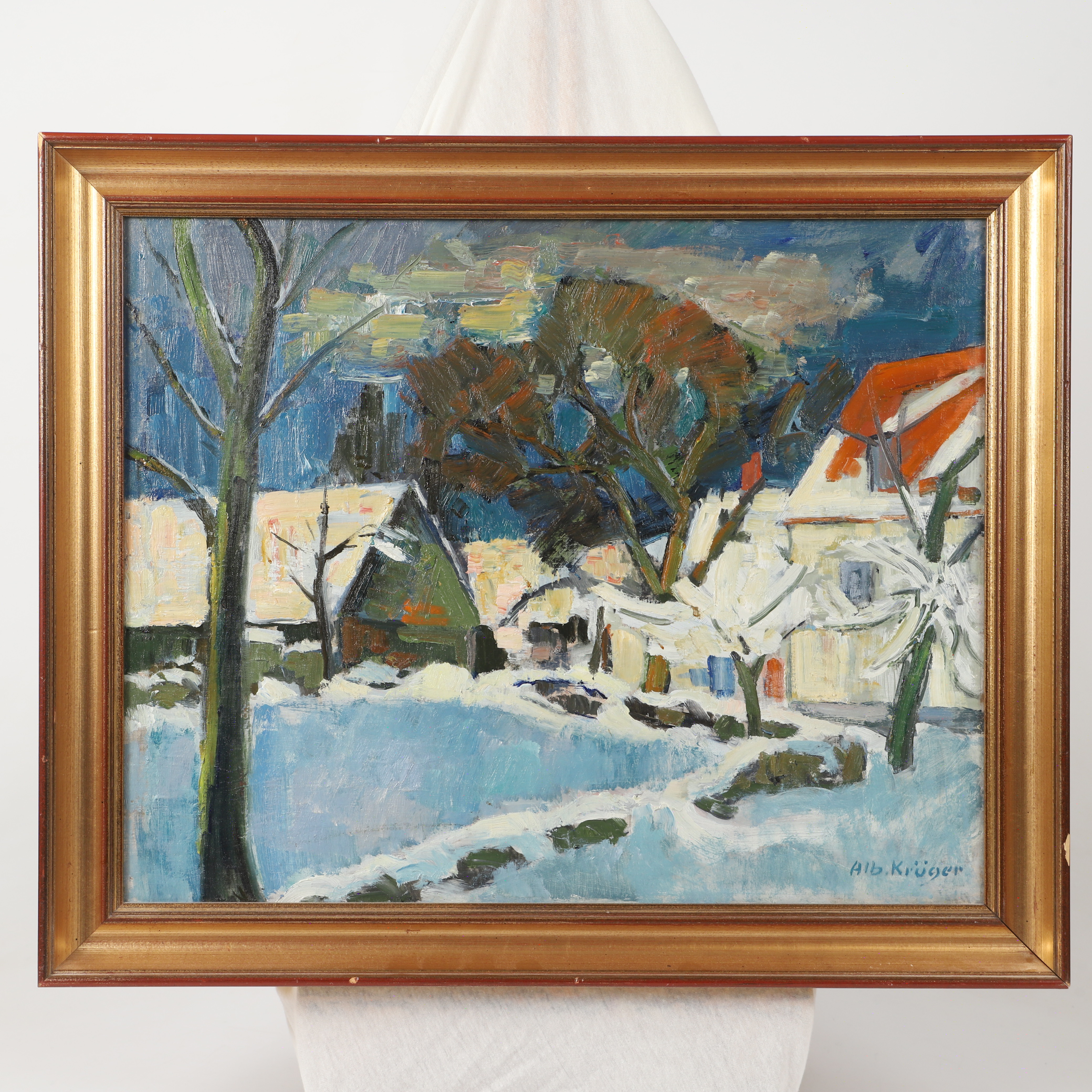 ALBERT KRÜGER. "Tidigmorgon", olja på pannå, signerad Alb. Krüger.