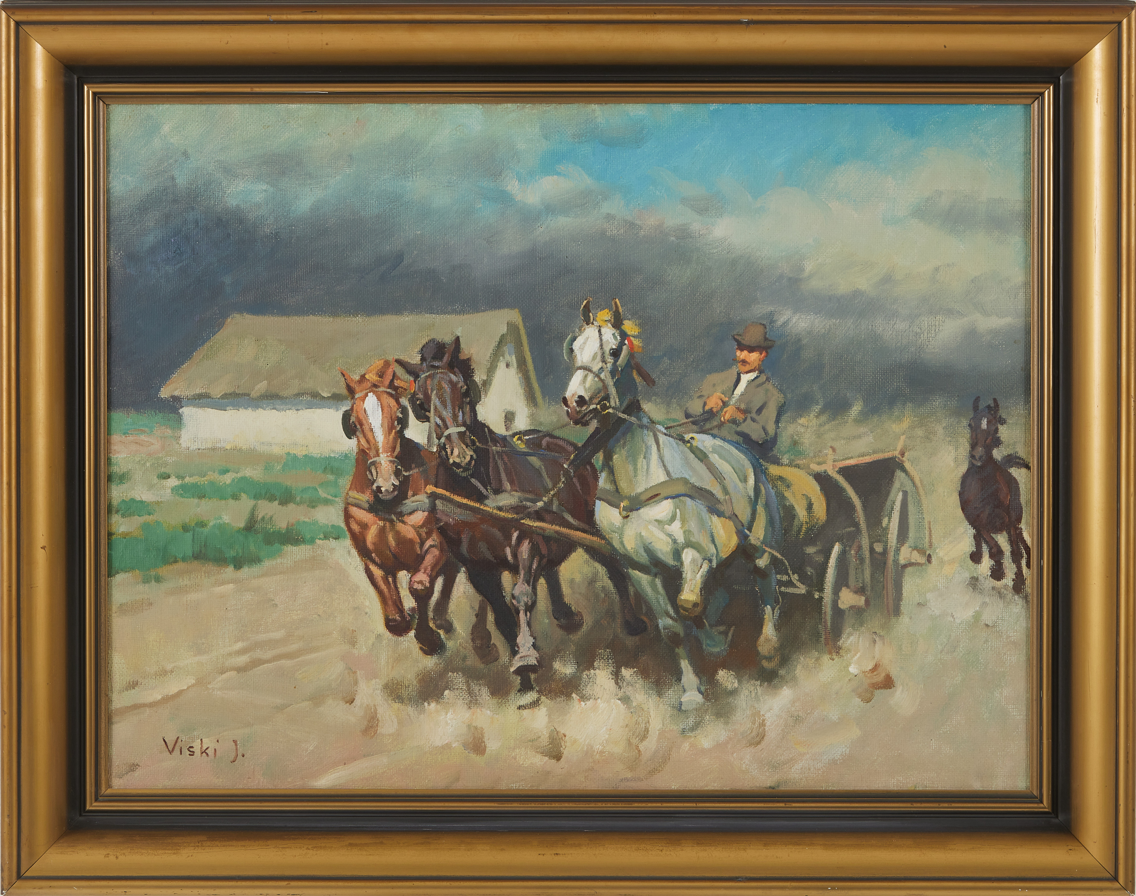 JÁNOS VISKI. (Ungern 1906-1961). ekipage till häst, olja på duk, signerad.