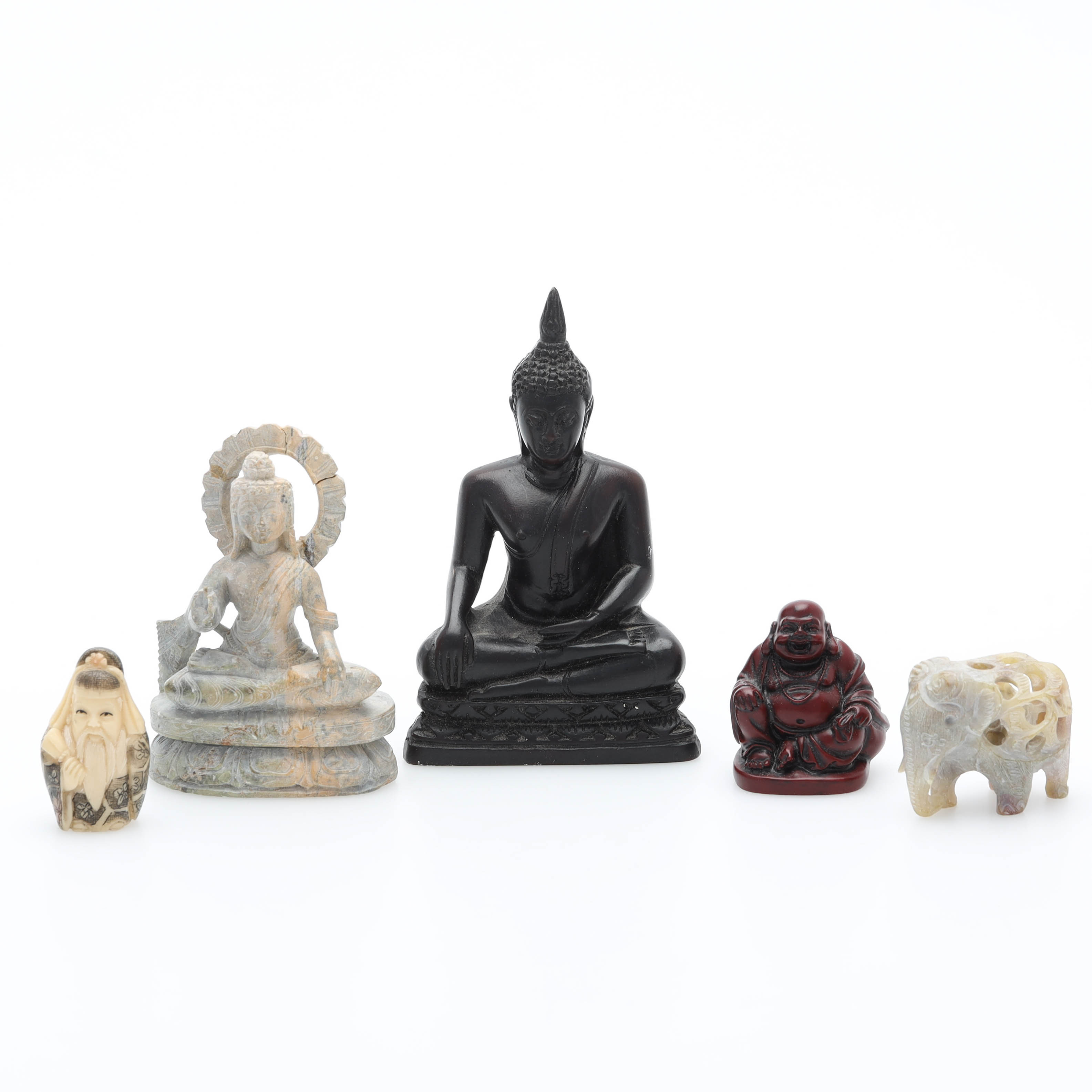 SKULPTURER, 5 delar, sten & konstmassa, Shiva, Buddha, elefant & Shouxing, orientaliska, 1900-tal.
