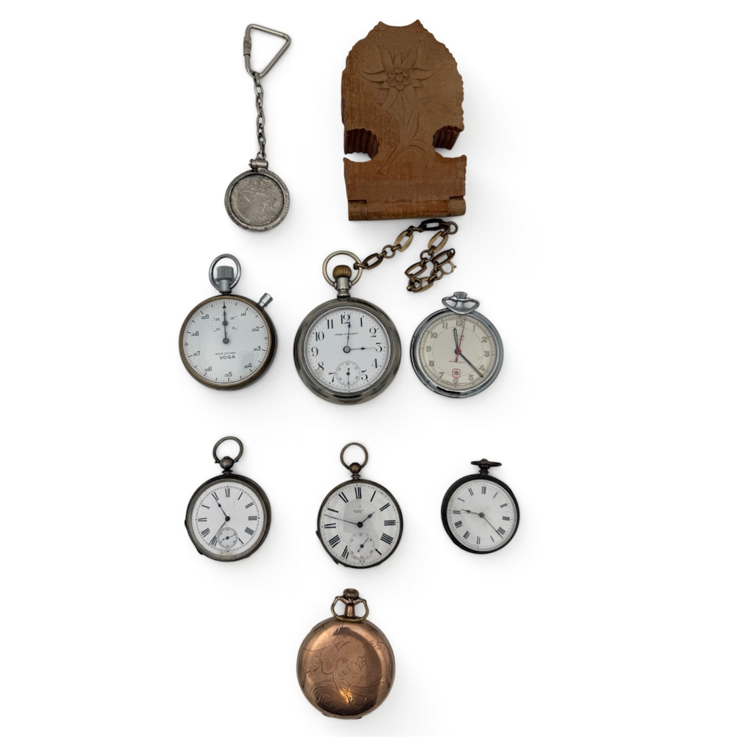 FICKUR, 6 st, STOPPUR, metall, varav: bl a Elgin National Watch Company, Montandon, Stoppur, Vola. Medföljer ask för fickur samt nyckelring med myntliknande föremål.