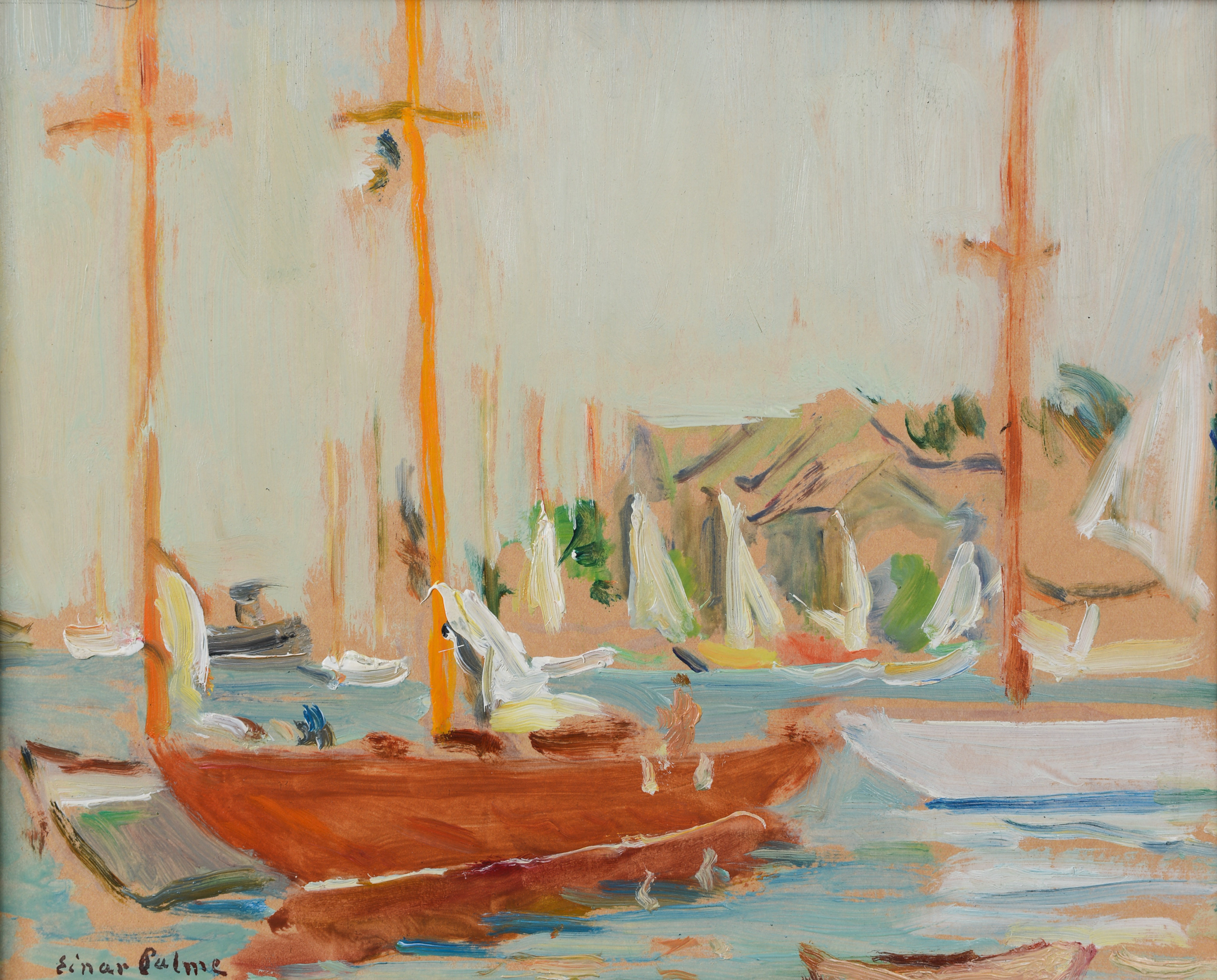 EINAR PALME. Hamnmotiv, olja på pannå, signerad.