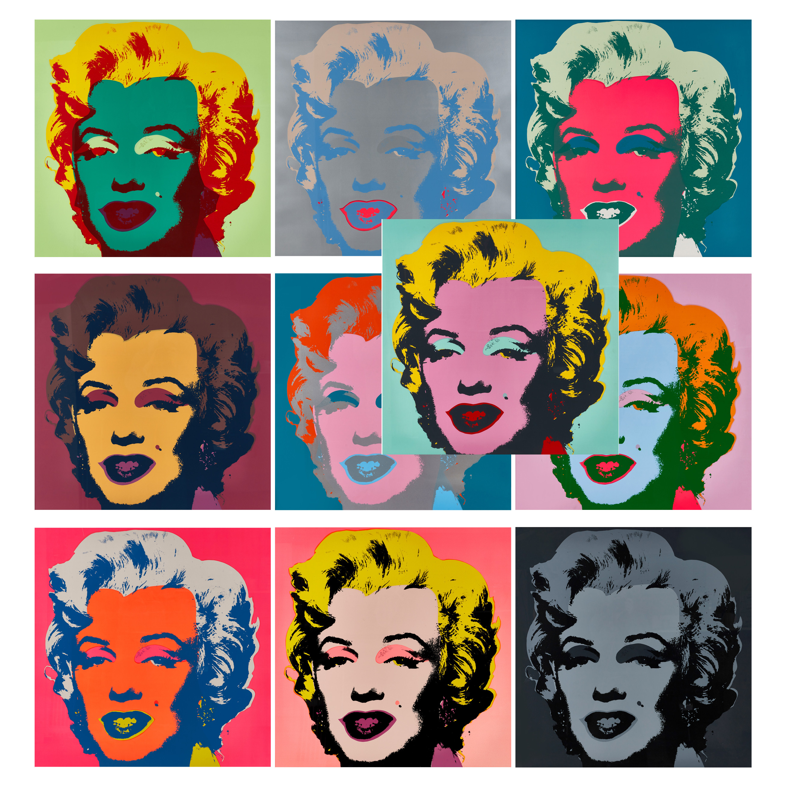 MARILYN MONROE, efter Andy Warhol, 2000-tal, svit om 10 st ramade blad.