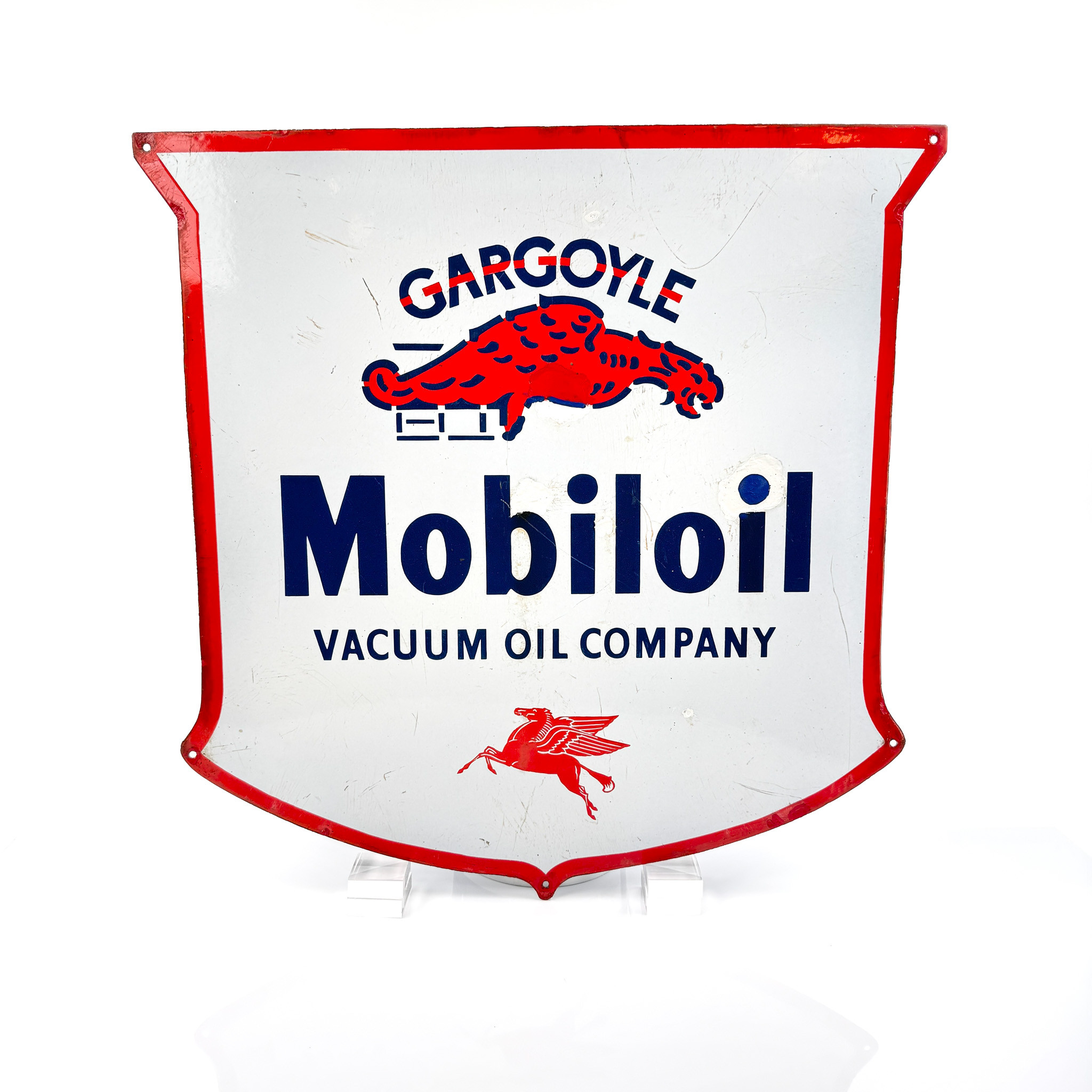 MOBILOIL, Gargoyle - Vacuum Oil Company, emaljskylt, 1940-tal.