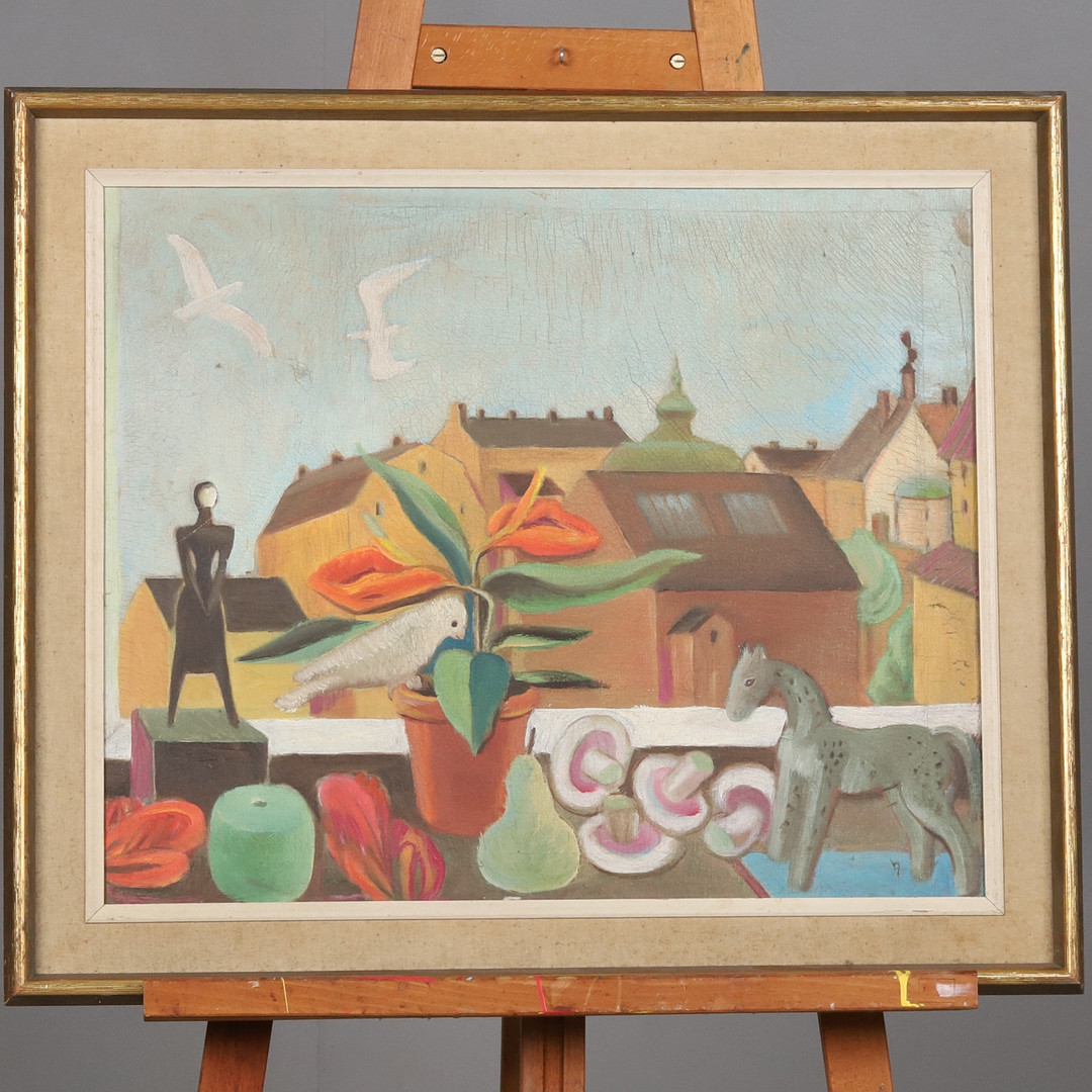 OIDENTIFIERAD KONSTNÄR. Olja på pannå, "Fönsterutsikt över stan".