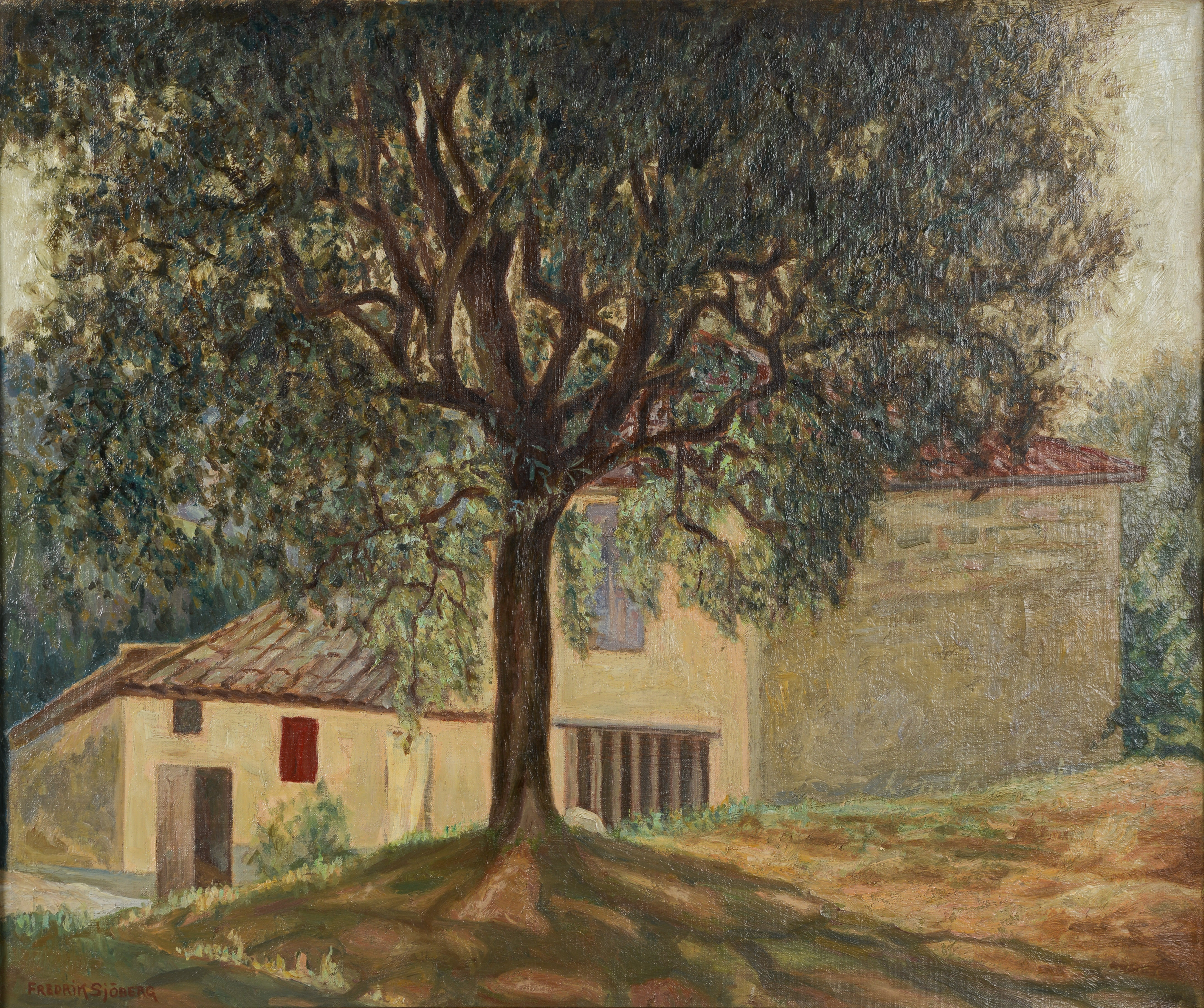 FREDRIK SJÖBERG. Sydfranskt landskap med träd och byggnader, olja på duk, signerad.