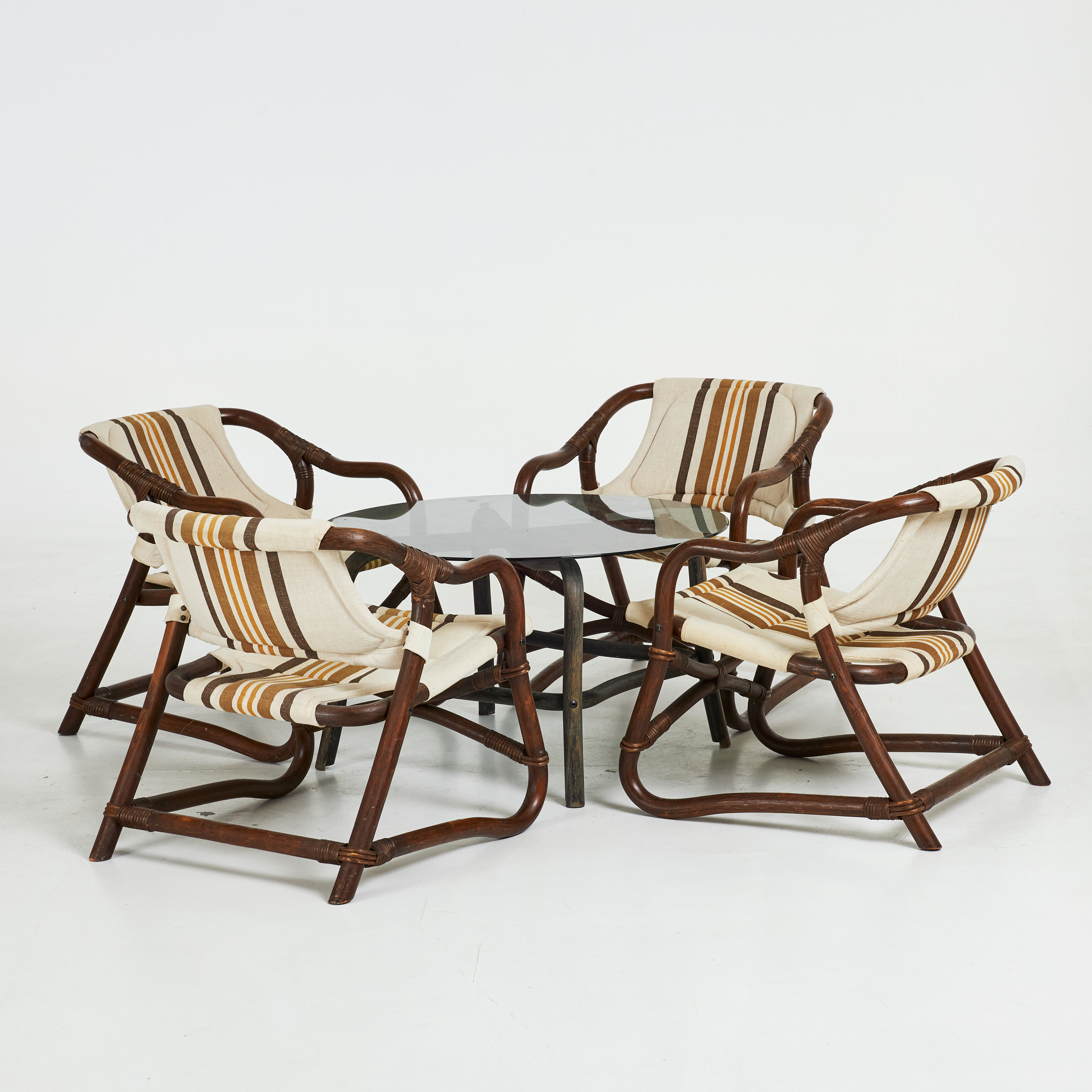 KARMSTOLAR och BORD, 5 delar, "Espri", IKEA, 1900-talets andra hälft, stomme i rotting, textilklädsel, bordsskiva i glas.