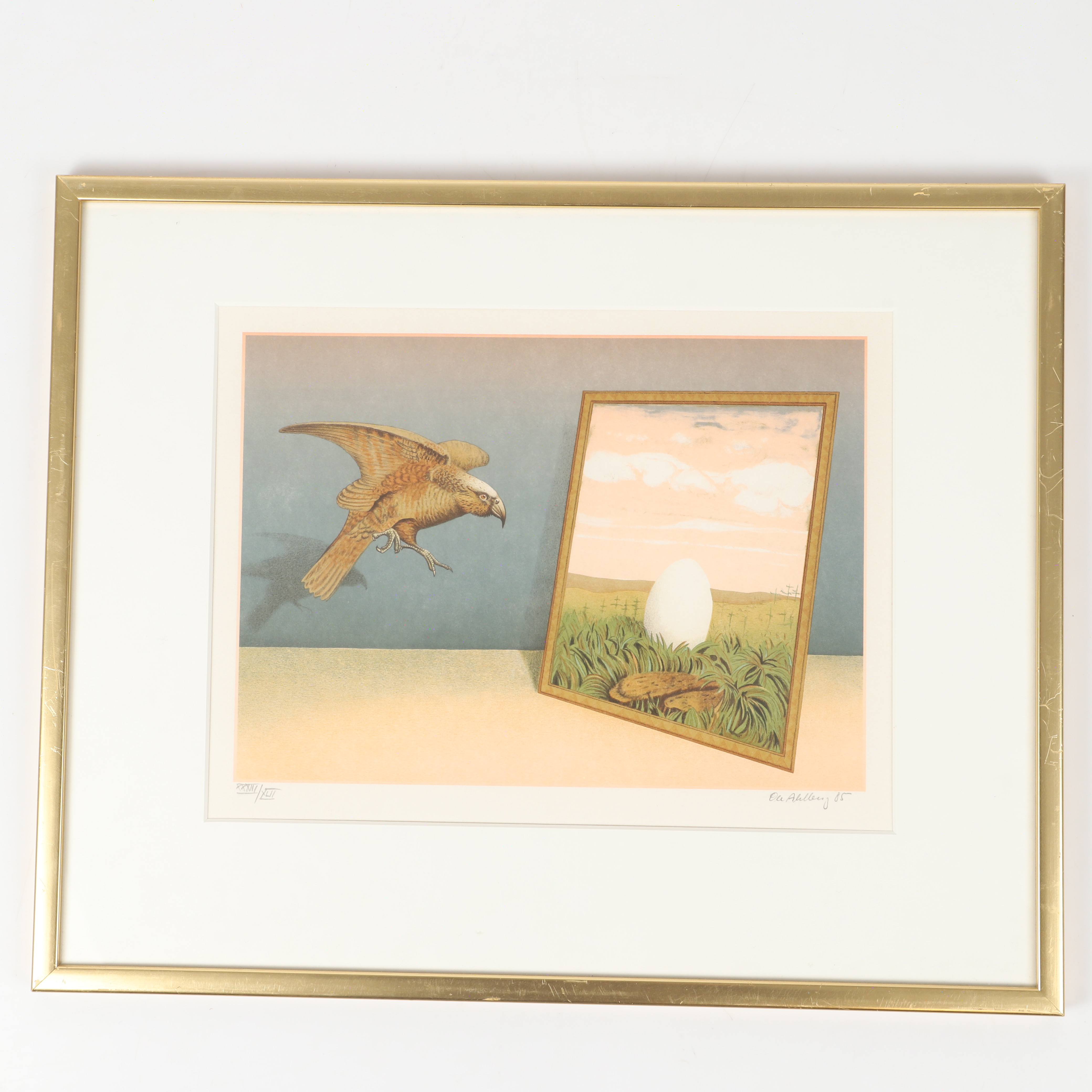 OLE AHLBERG. Fågel och ägg, färglitografi, signerad och daterad -85.