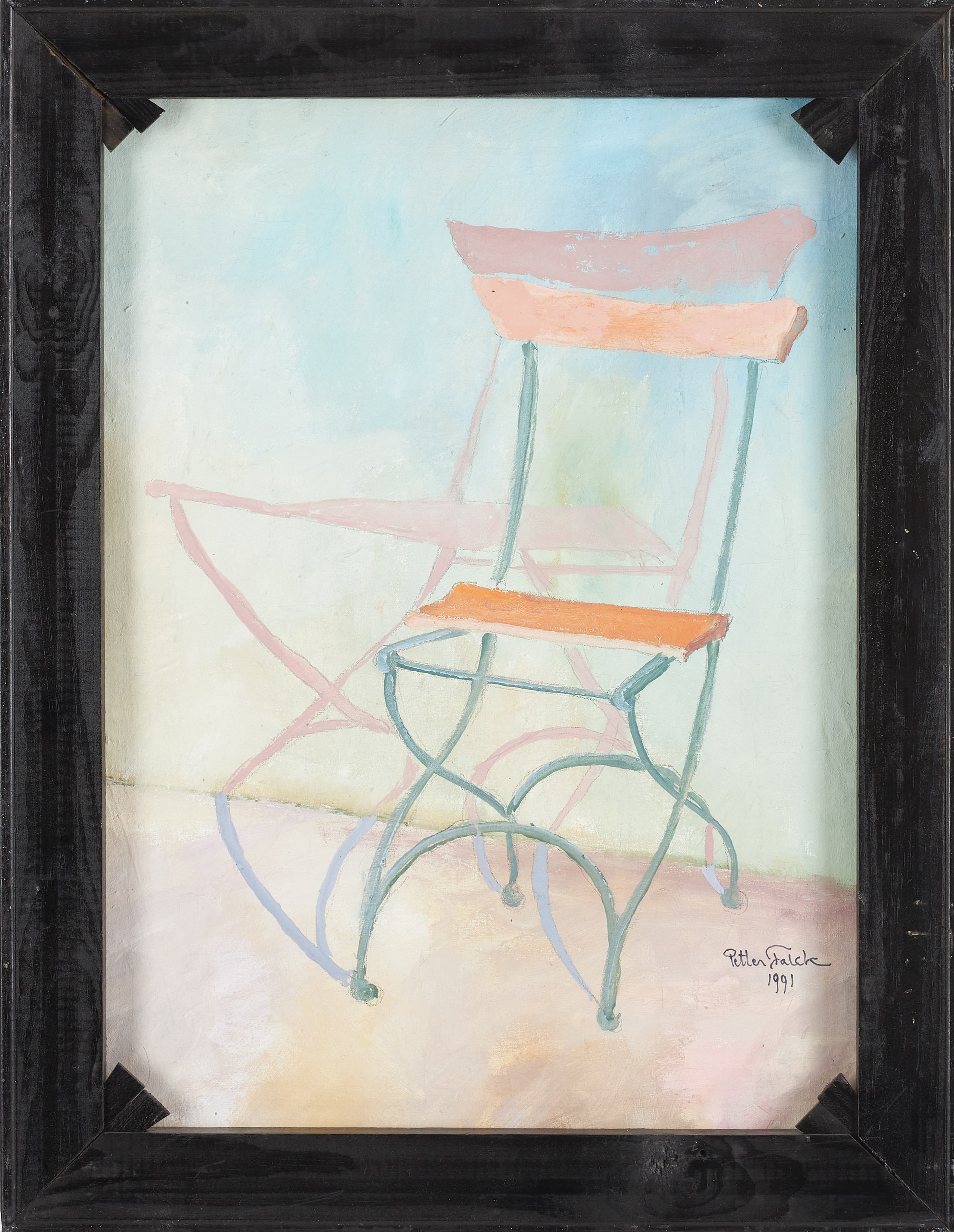 PETTER FALCK. komposition med stol, olja på duk, signerad samt daterad 1991.