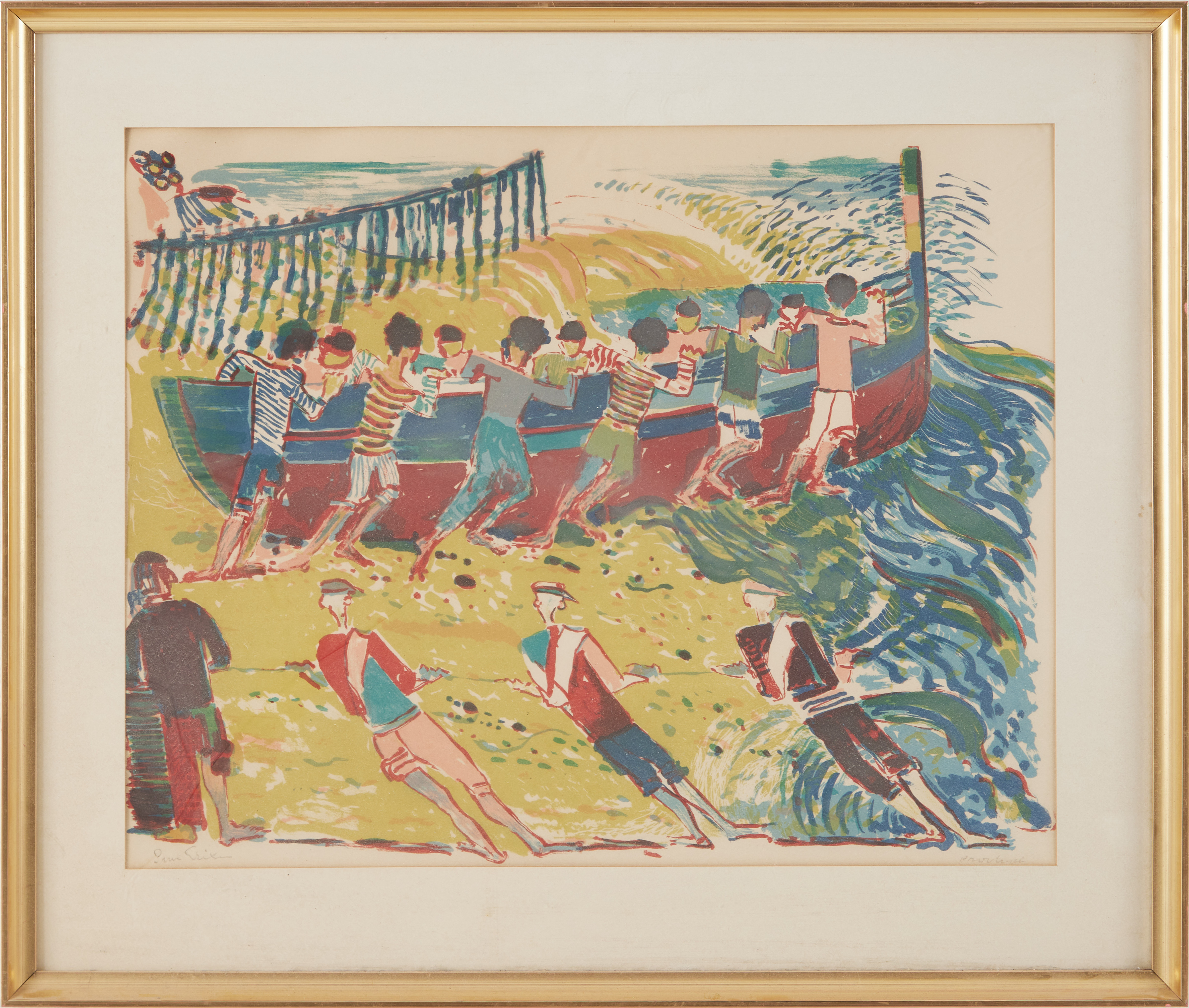 SVEN X:ET ERIXSON. komposition med båt och figurer, färglitografi, signerad, provtryck.