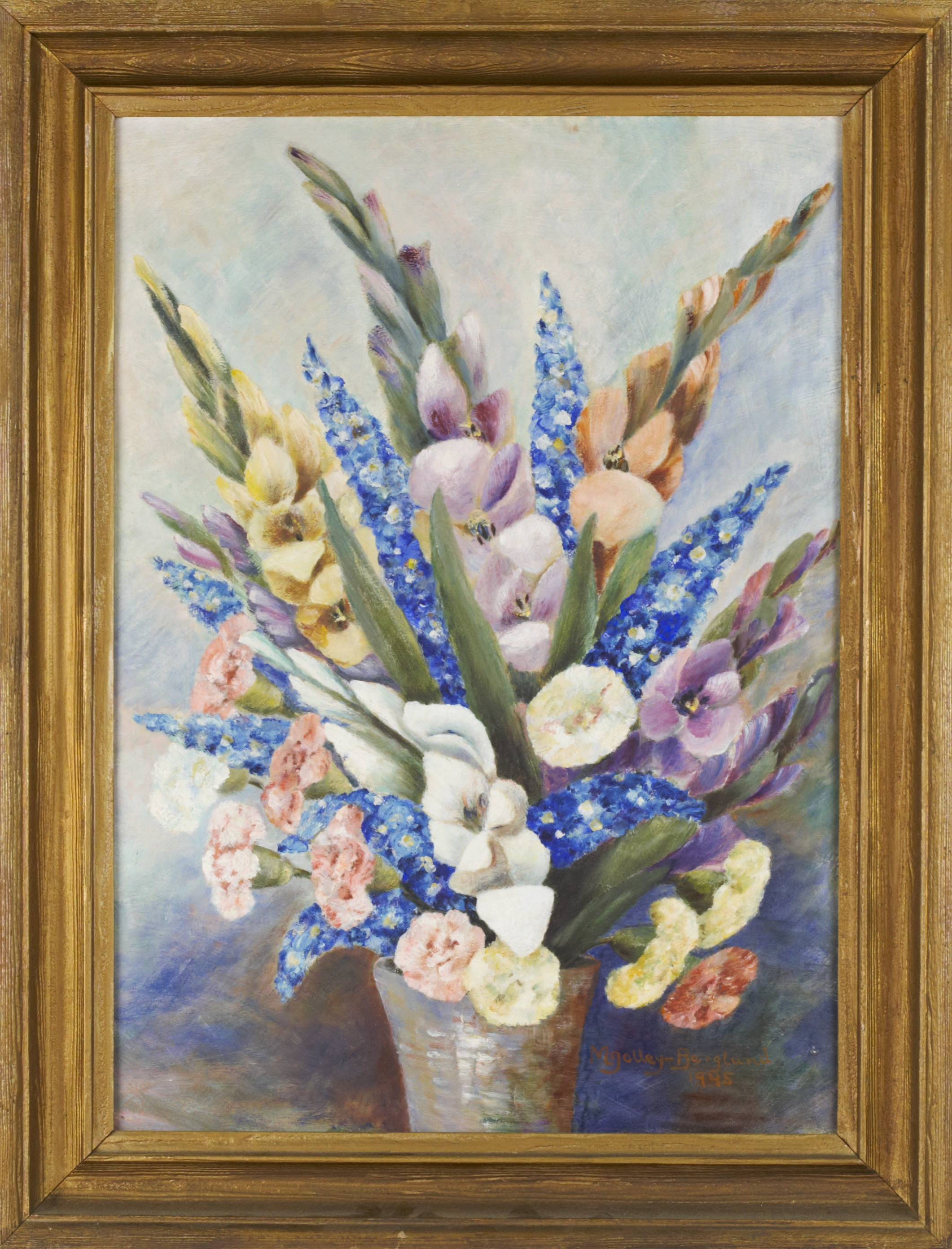 OIDENTIFIERAD KONSTNÄR. Olja på pannå, stilleben med gladioler och nejlikor i vas, signerad, M Jolley Berglund.