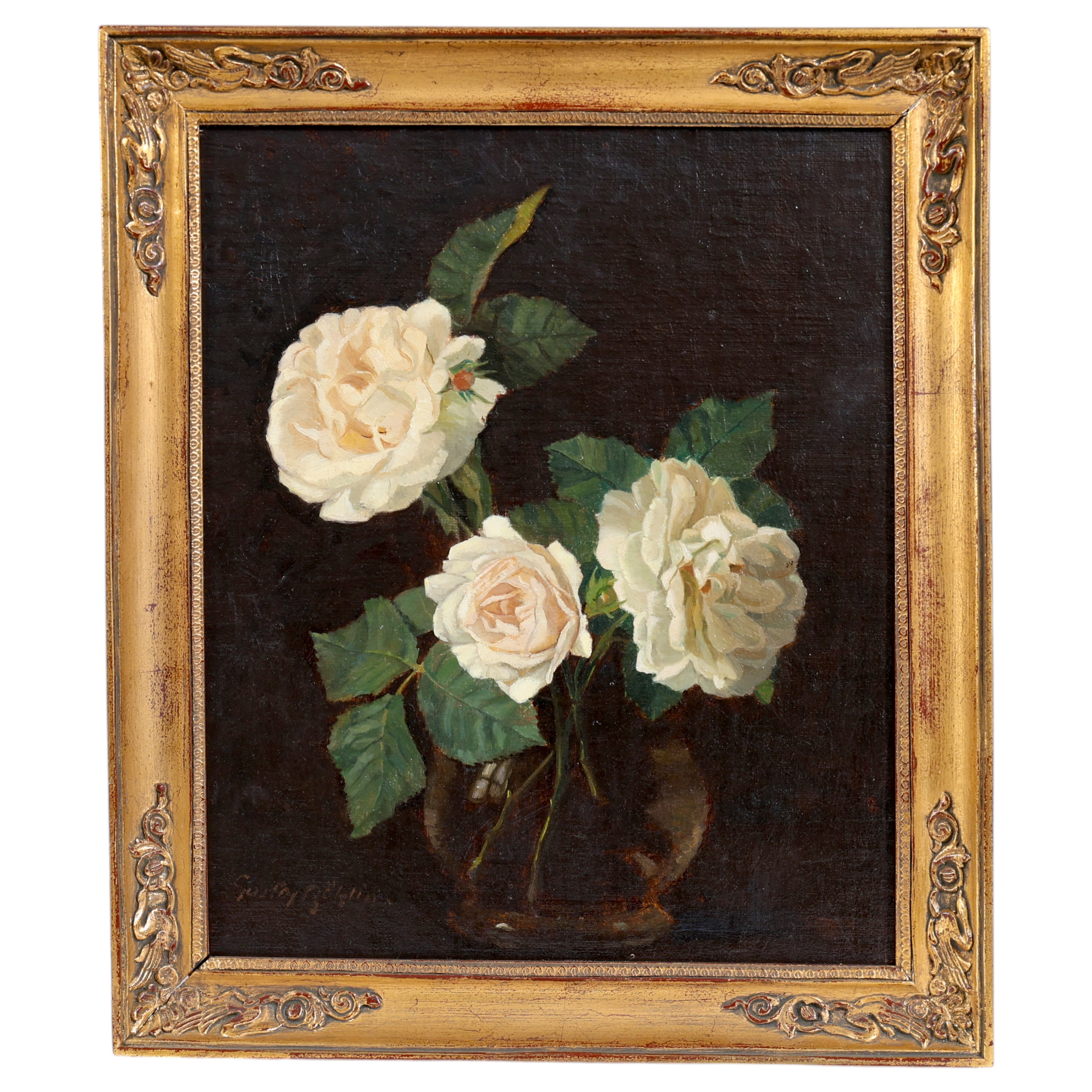 GUSTAF BÖKLIN. Rosor i vas, olja på pannå, signerad.