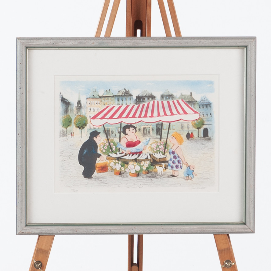 TINA ARNSTEDT. Fiskhandel på torg, färgserigrafi nr 162/290, signerad.