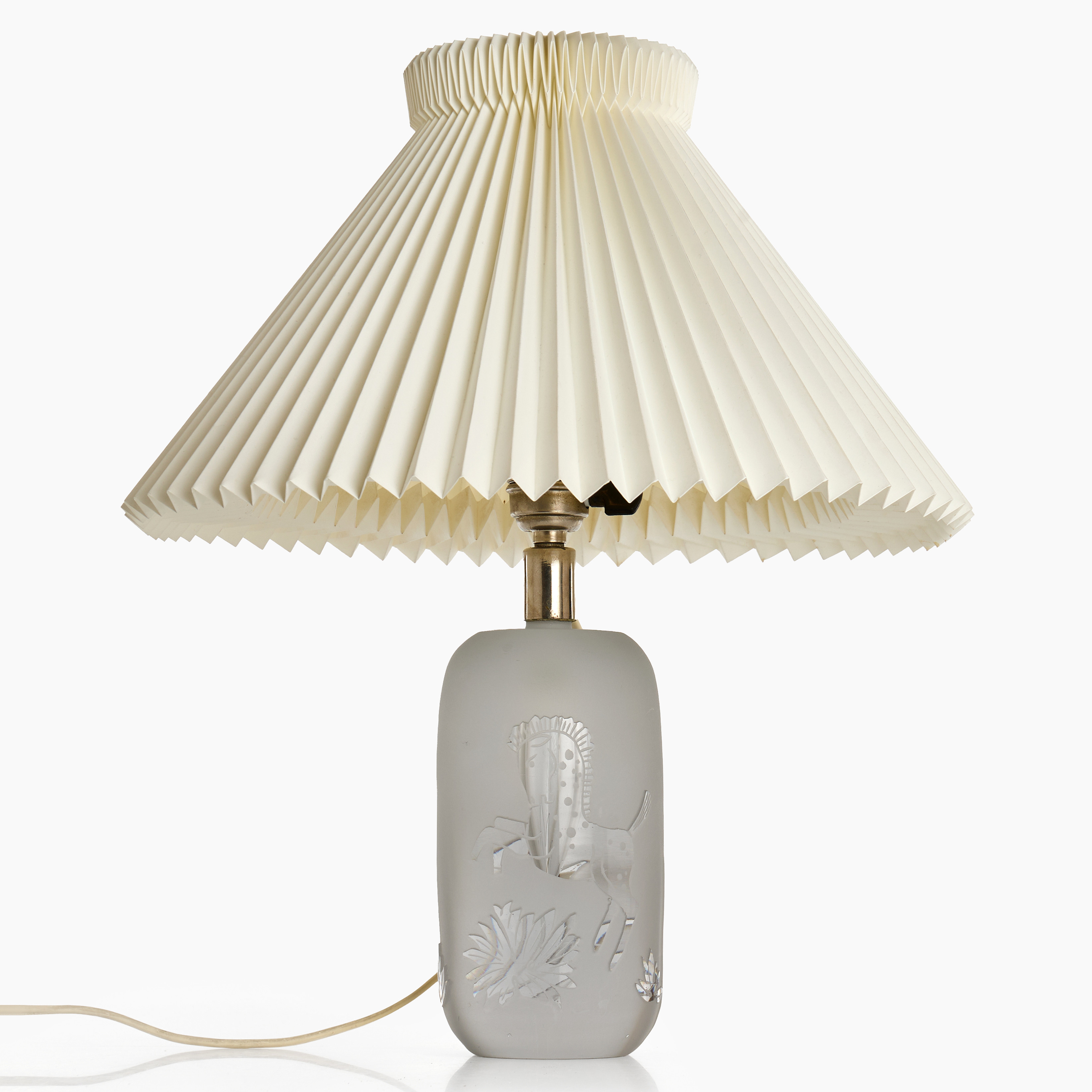 BORDSLAMPA, glas, etsad dekor med häst, 1930-tal. Swedish Modern.
