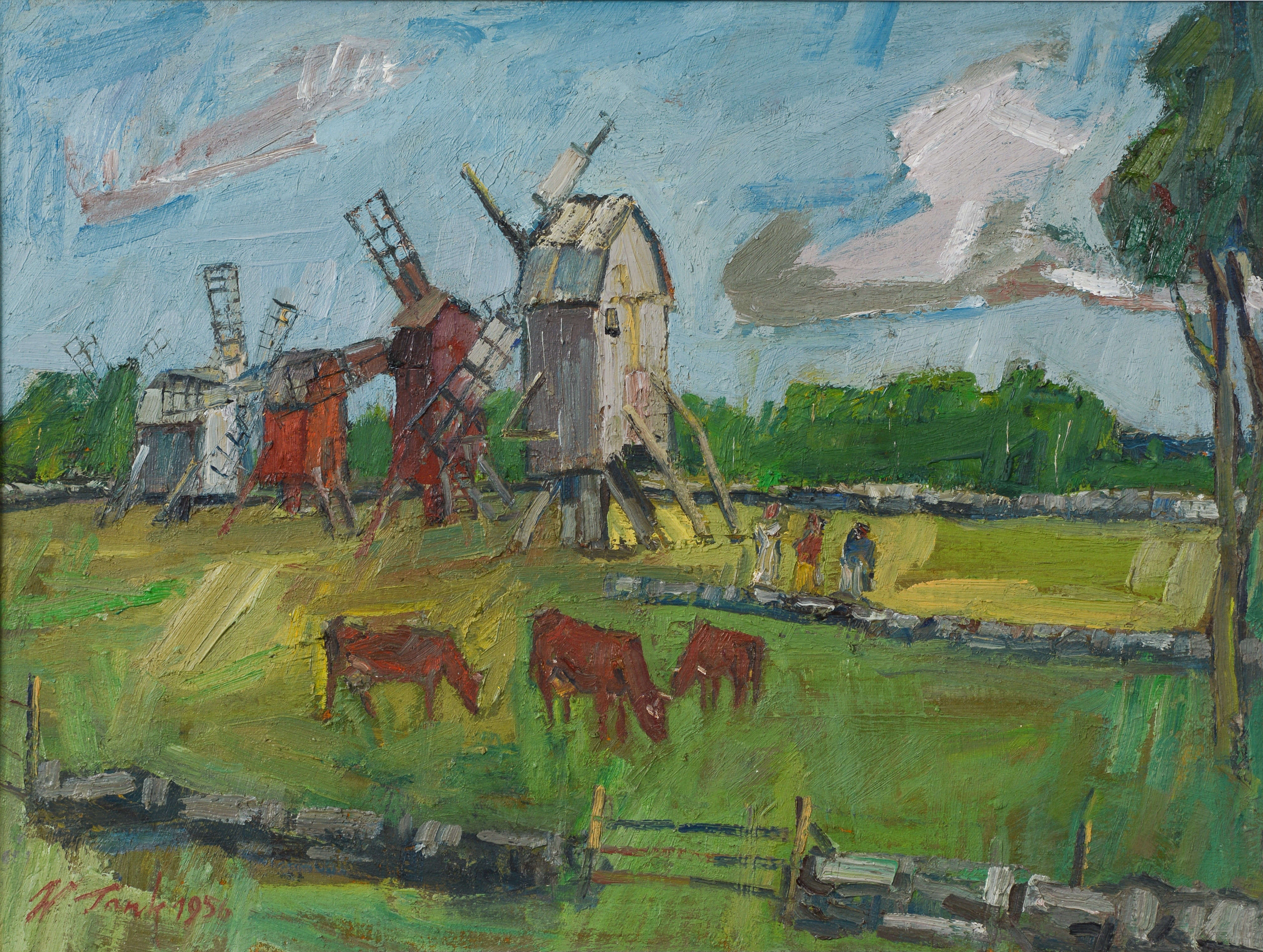 WOLDEMAR TANK. Kvarnar på landsbygden, olja på duk, signerad daterad 1956.