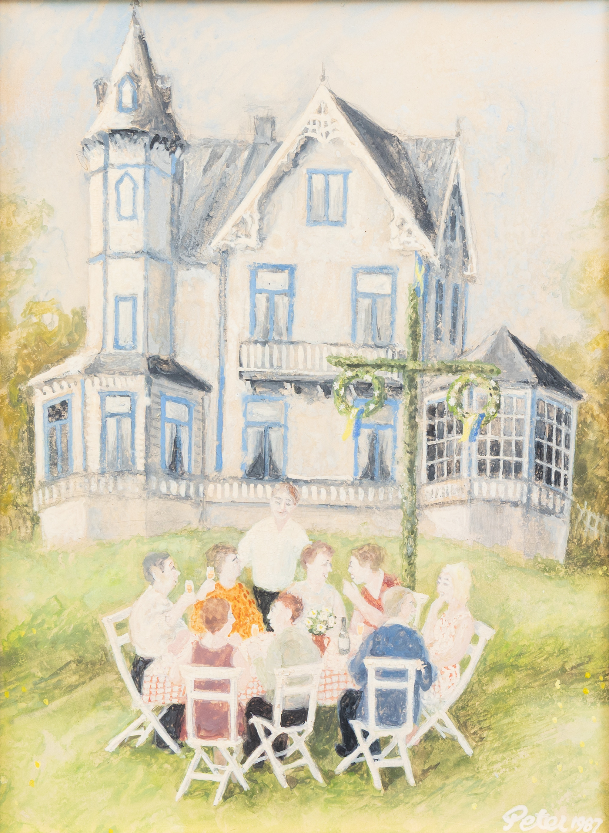 OIDENTIFIERAD KONSTNÄR. "Midsommarfest i tornvillan, olja på papp, signerad och daterad Peter -87.