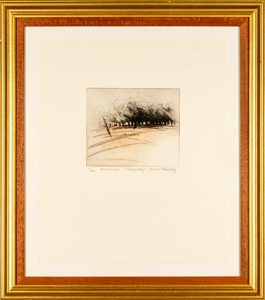 KERSTI STRANDBERG. Signerad, numrerad 8/20, torrnålsgravyr, "strandskog".