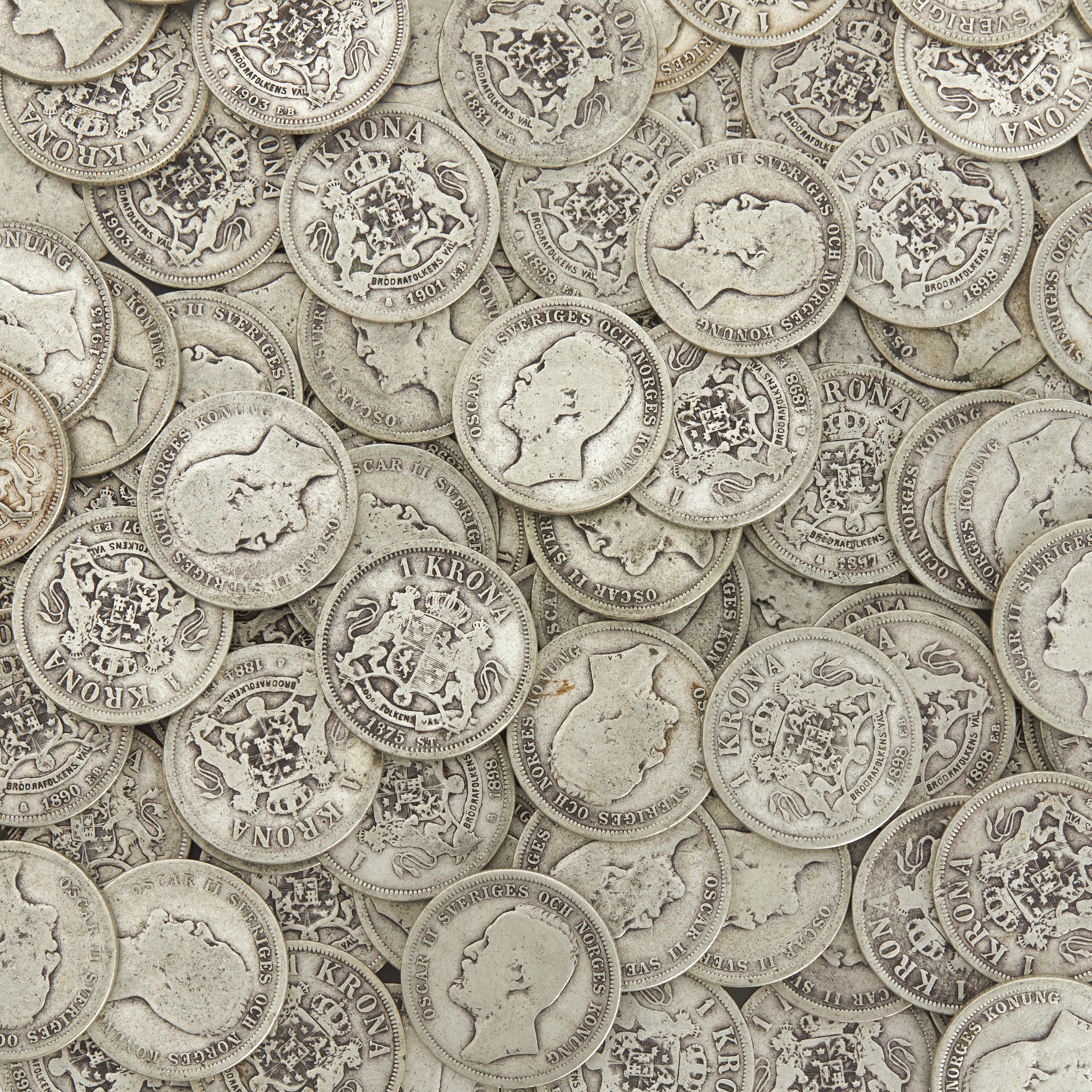 SILVERMYNT, OII - GV, 100 st 1-kronor 1875-1941.